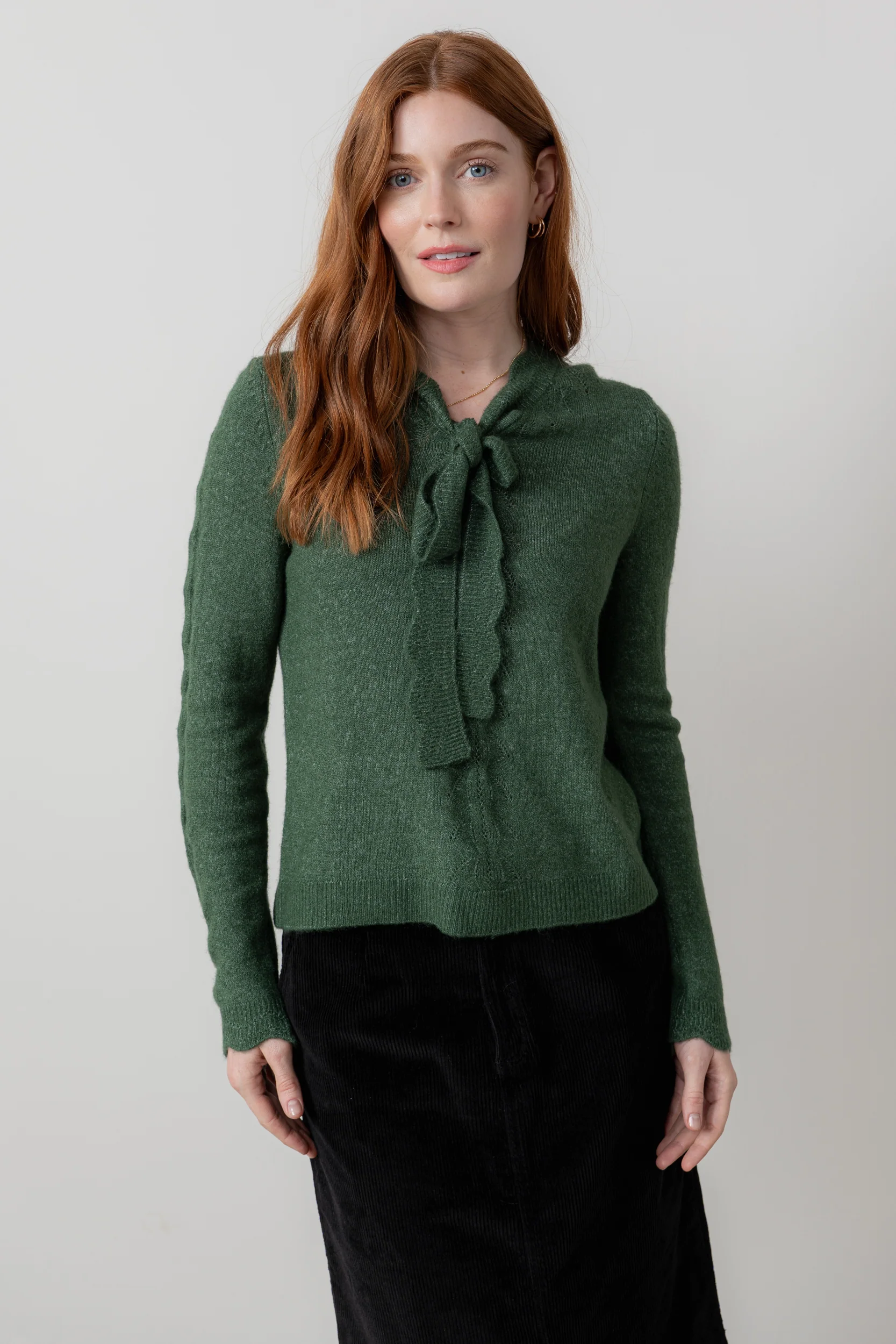 Elise Tie Neck Pointelle Jumper Pine Green - Image 2
