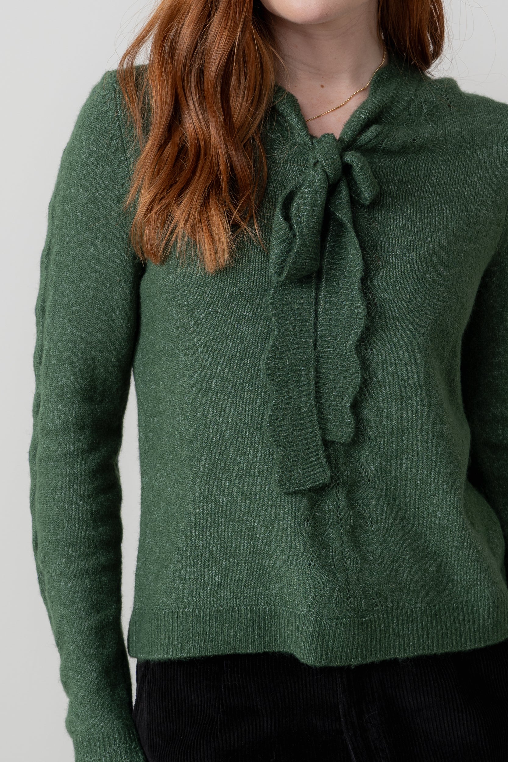 Elise Tie Neck Pointelle Jumper Pine Green - Image 3