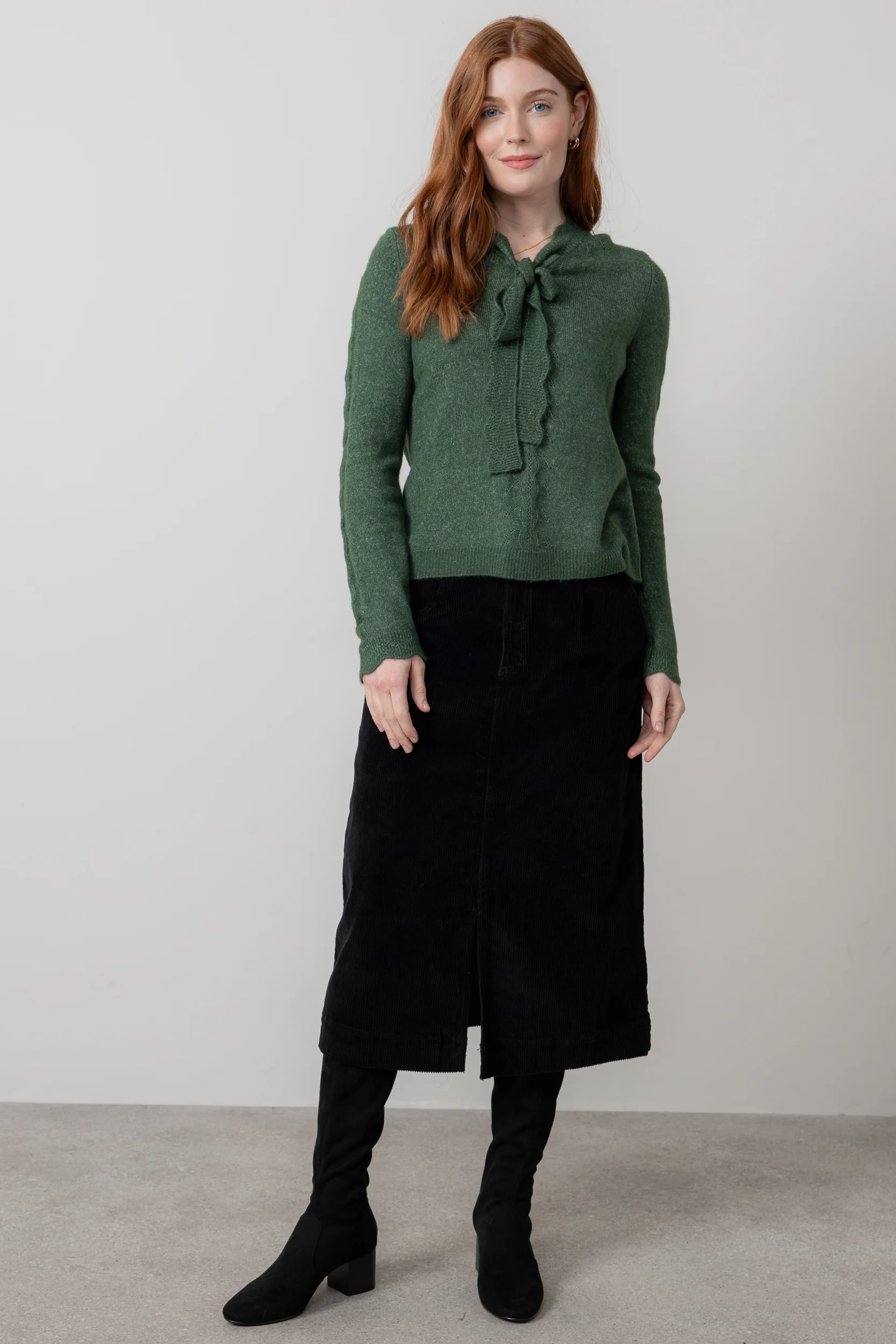 Elise Tie Neck Pointelle Jumper Pine Green - Image 5
