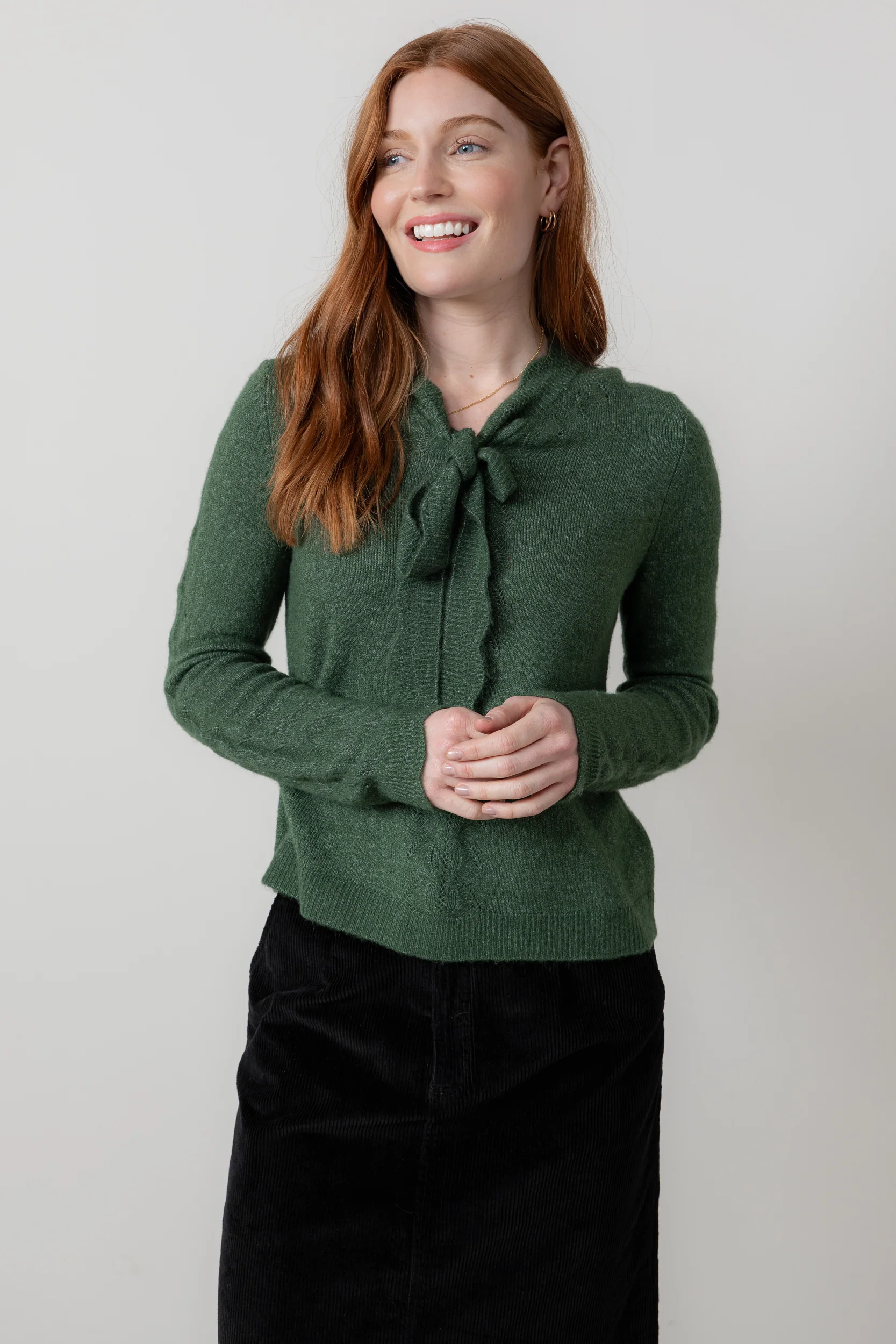 Elise Tie Neck Pointelle Jumper Pine Green - Image 6