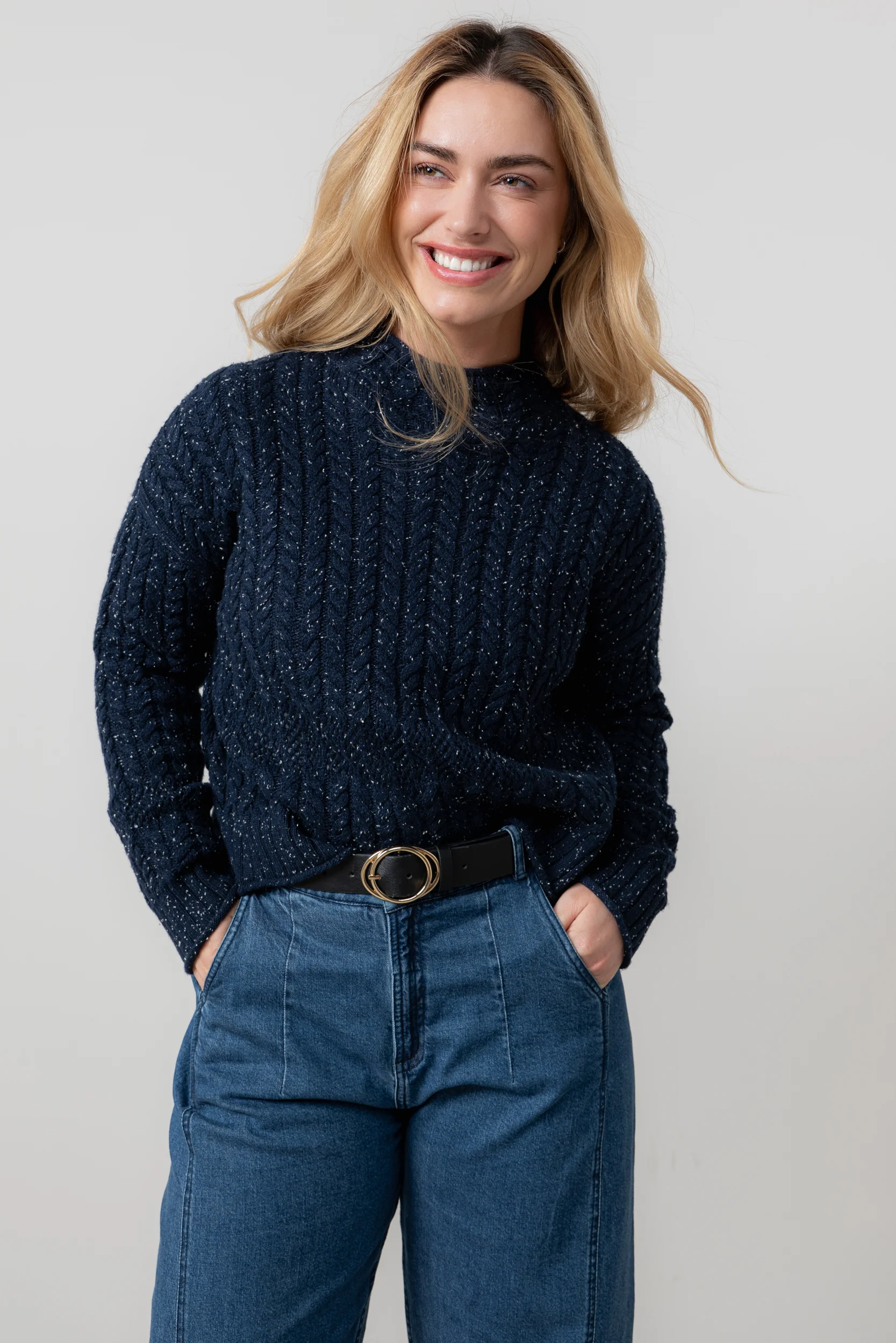 Elspeth Cable Knit High Neck Jumper Navy - Image 2