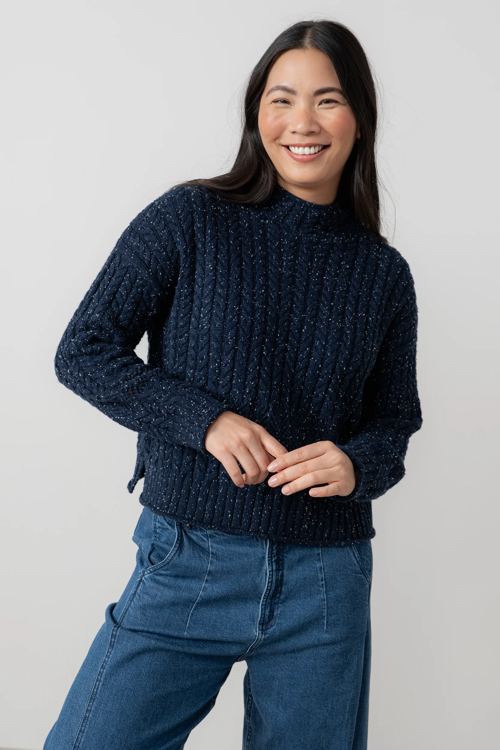 Elspeth Cable Knit High Neck Jumper Navy - Image 5