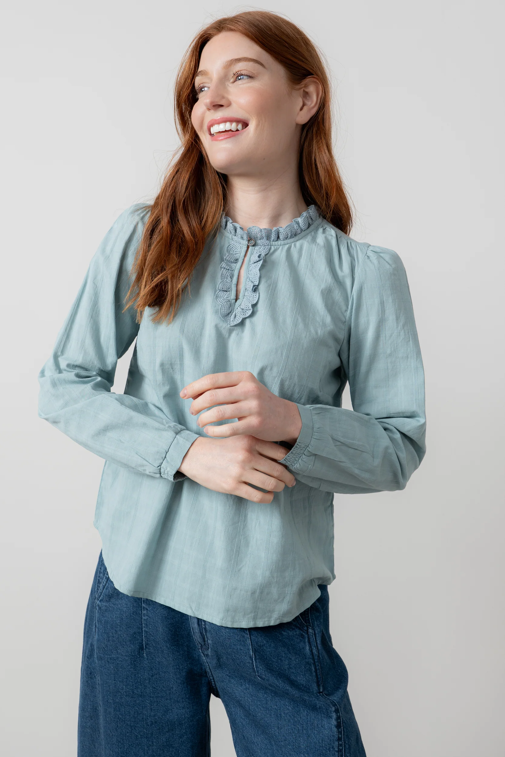 Emily Cotton Check Keyhole Blouse Ice Blue - Image 2