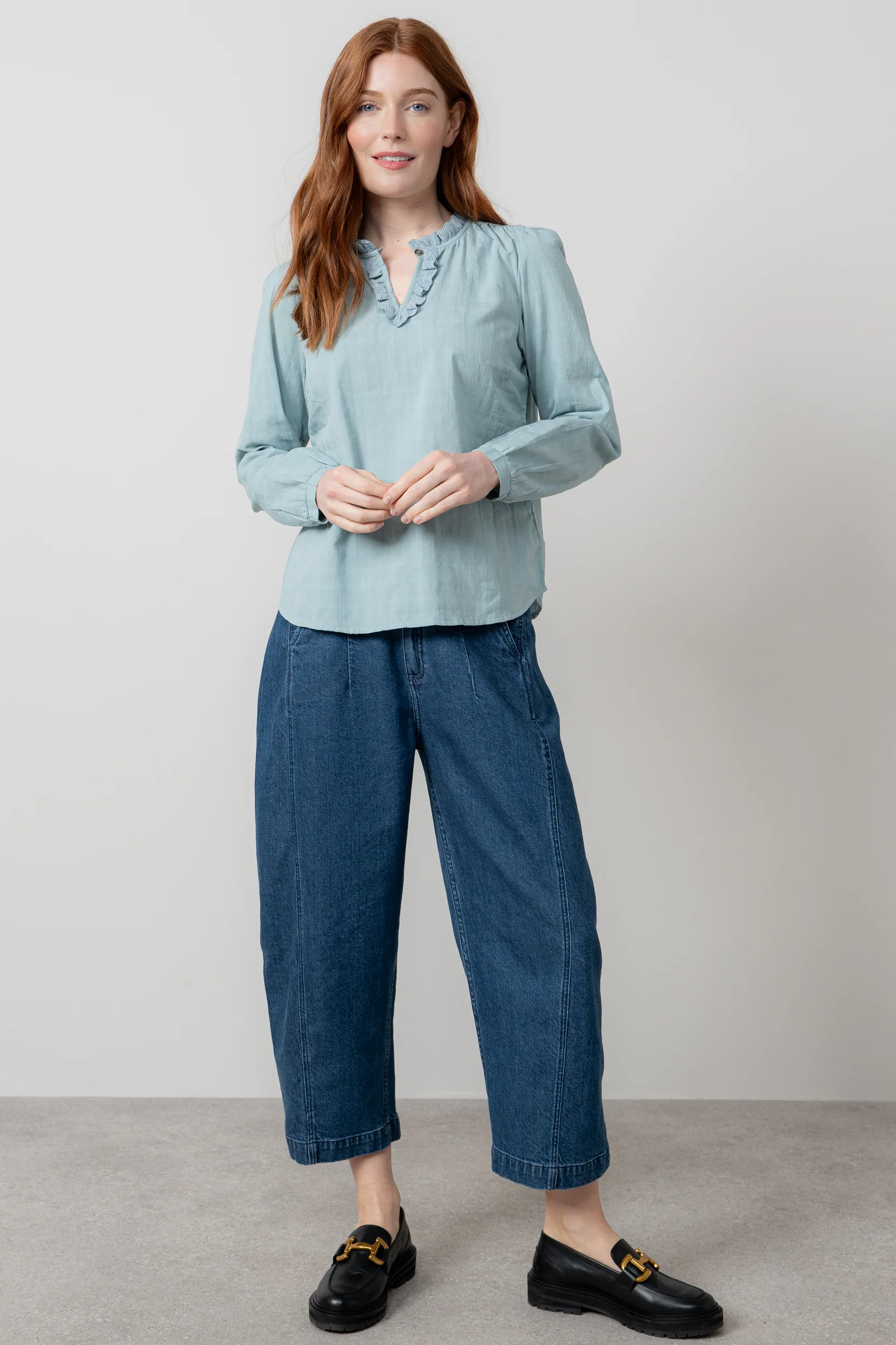 Emily Cotton Check Keyhole Blouse Ice Blue - Image 3