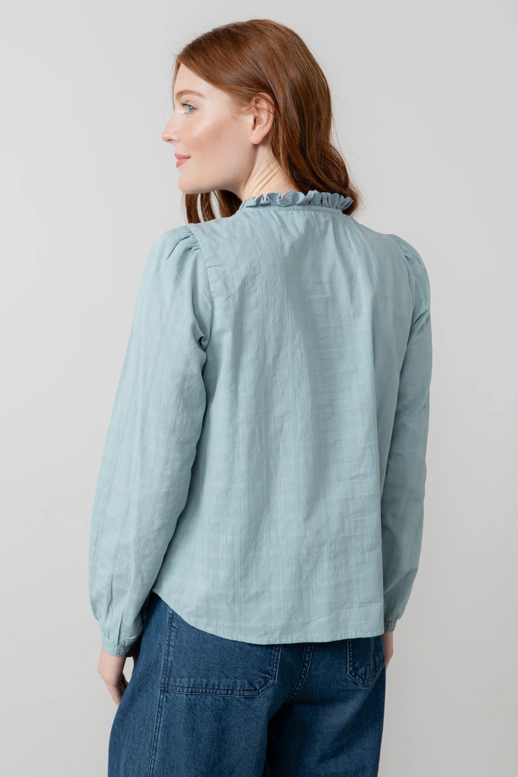 Emily Cotton Check Keyhole Blouse Ice Blue - Image 4