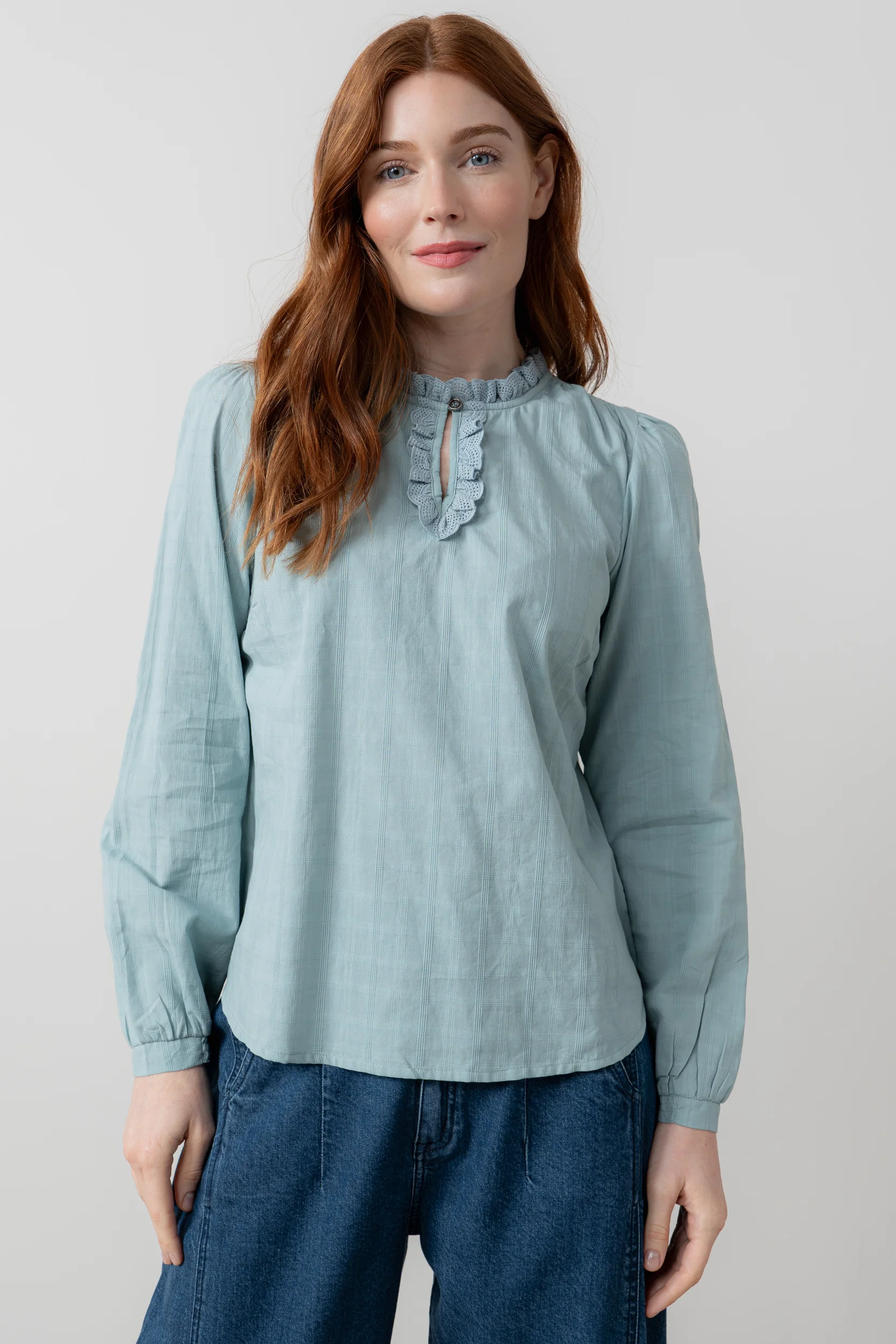 Emily Cotton Check Keyhole Blouse Ice Blue - Image 5