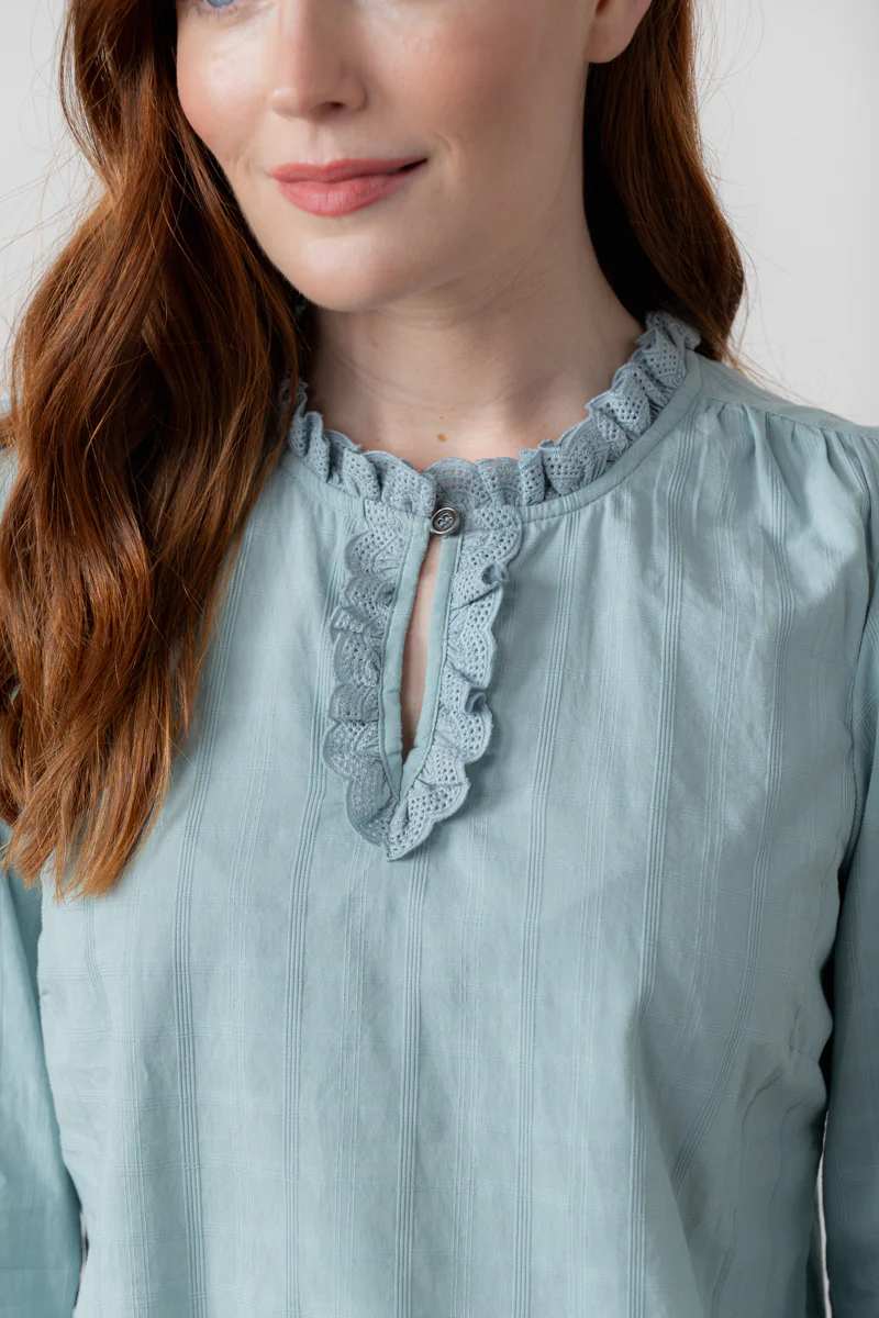 Emily Cotton Check Keyhole Blouse Ice Blue - Image 6
