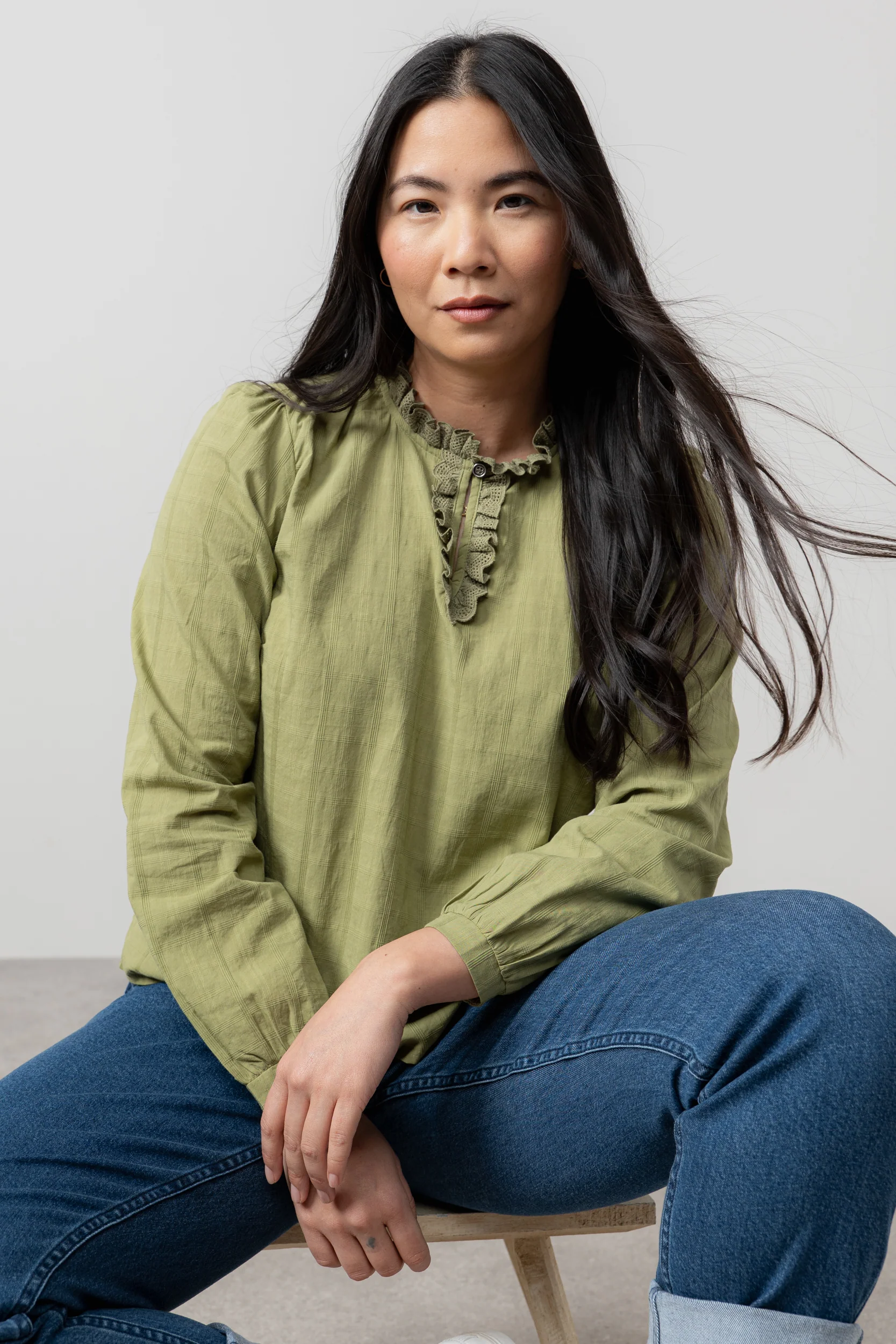 Emily Organic Cotton Check Keyhole Blouse Moss - Image 2