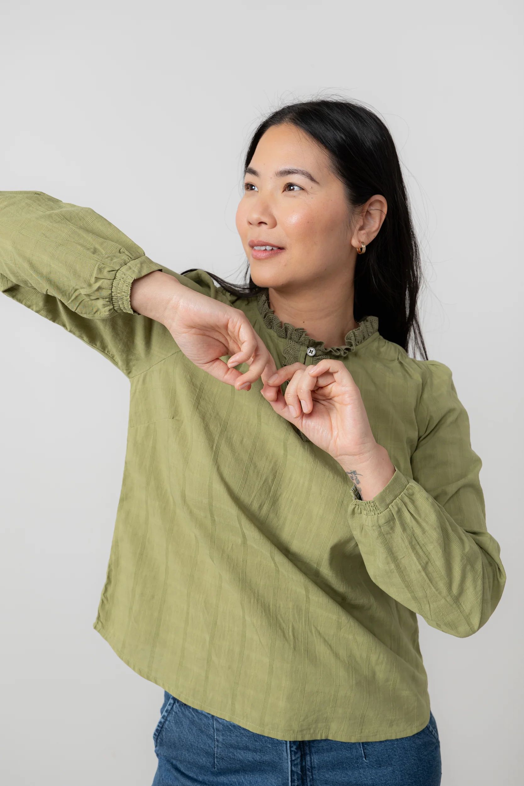 Emily Organic Cotton Check Keyhole Blouse Moss - Image 3