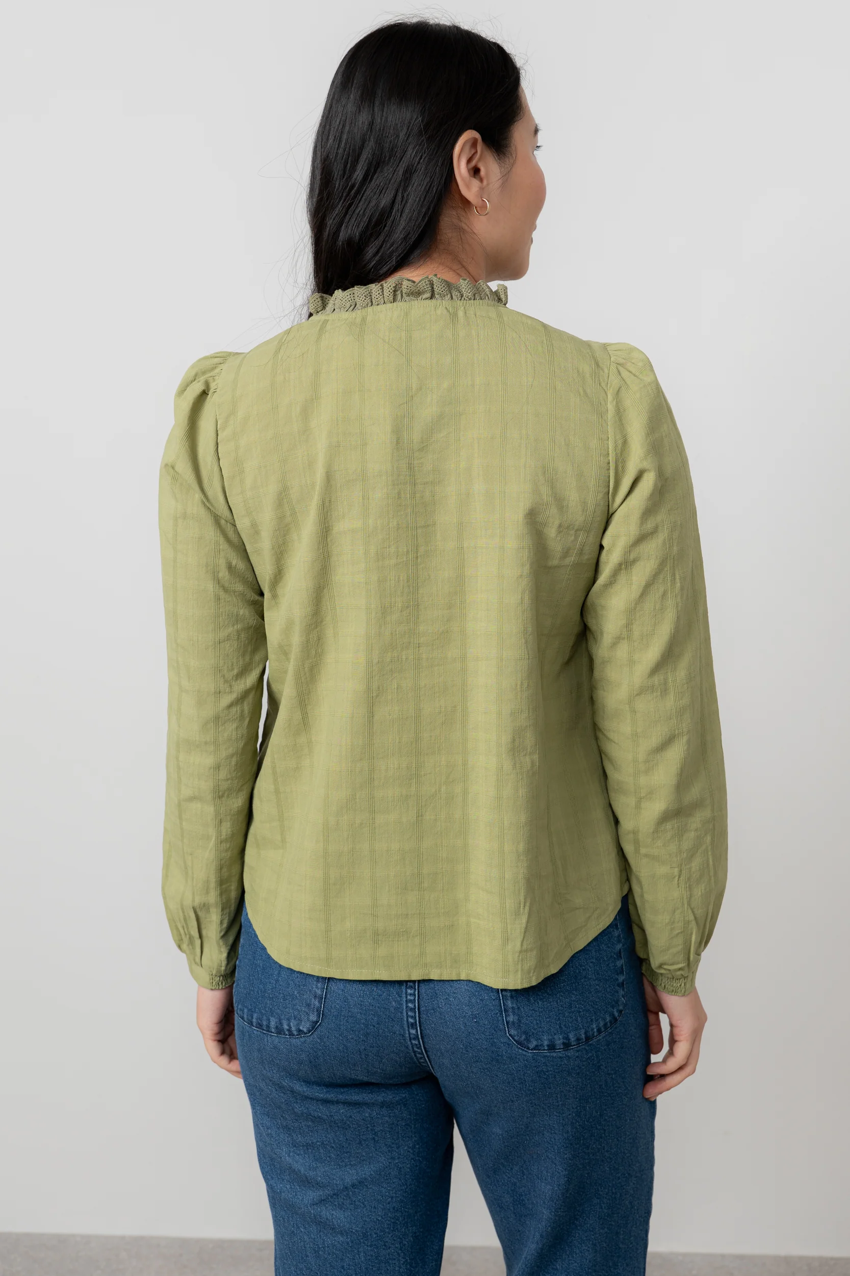 Emily Organic Cotton Check Keyhole Blouse Moss - Image 4