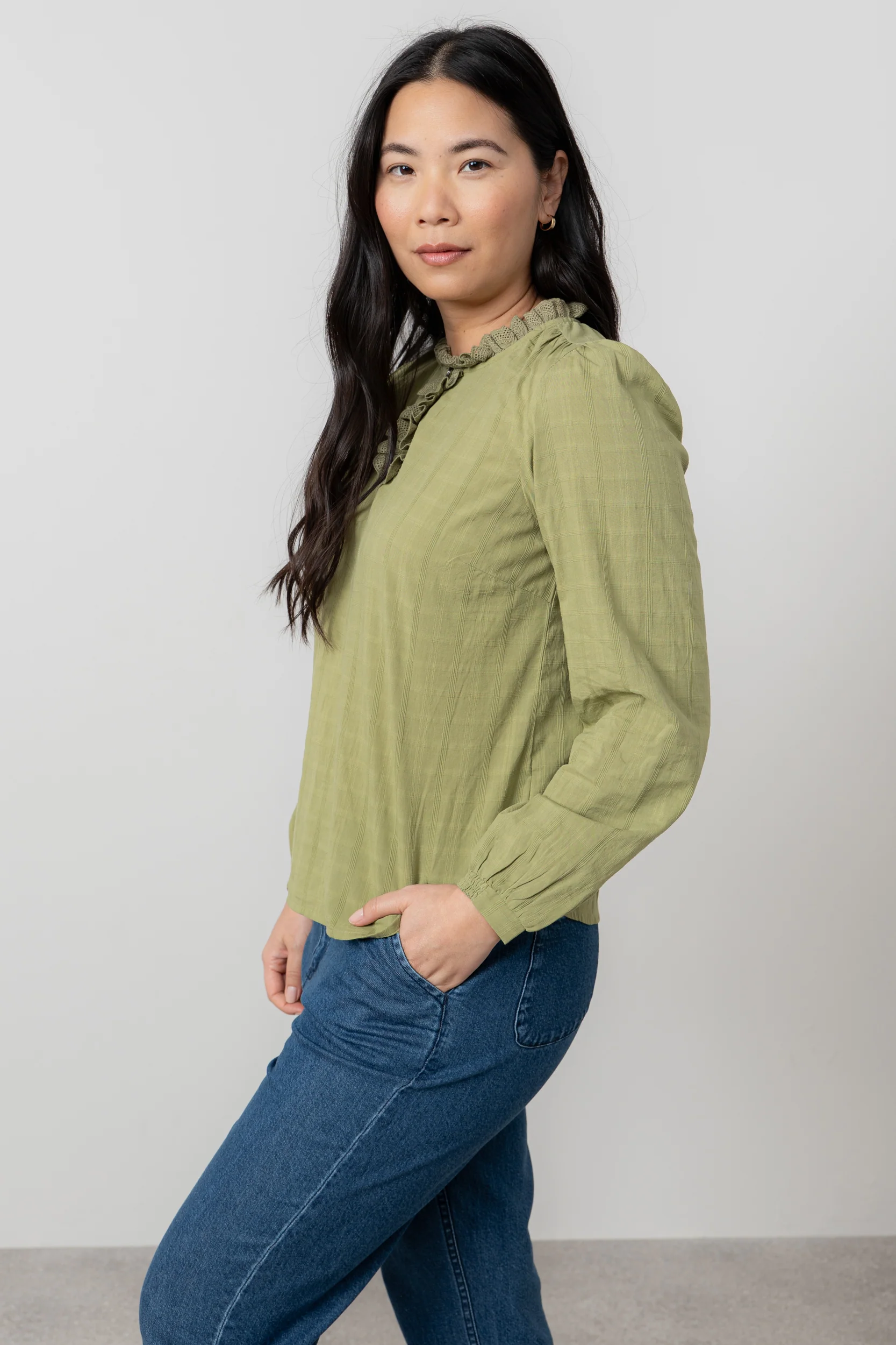 Emily Organic Cotton Check Keyhole Blouse Moss - Image 5