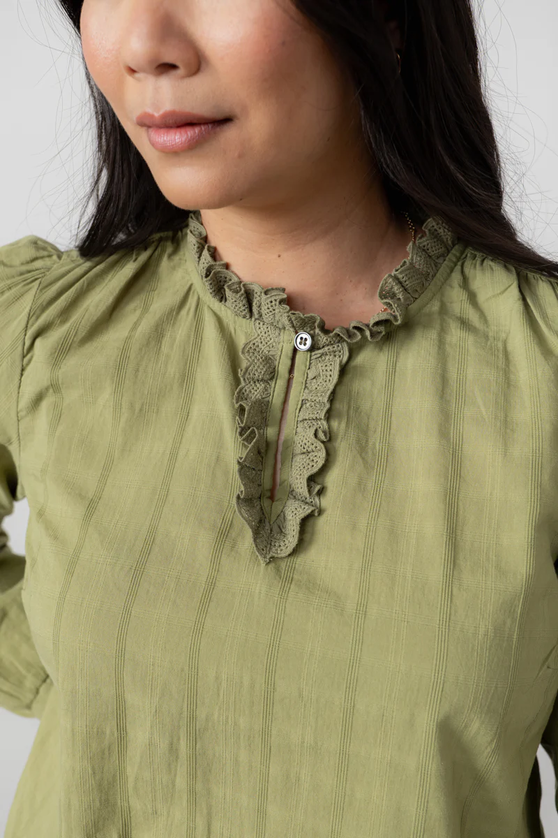 Emily Organic Cotton Check Keyhole Blouse Moss - Image 6