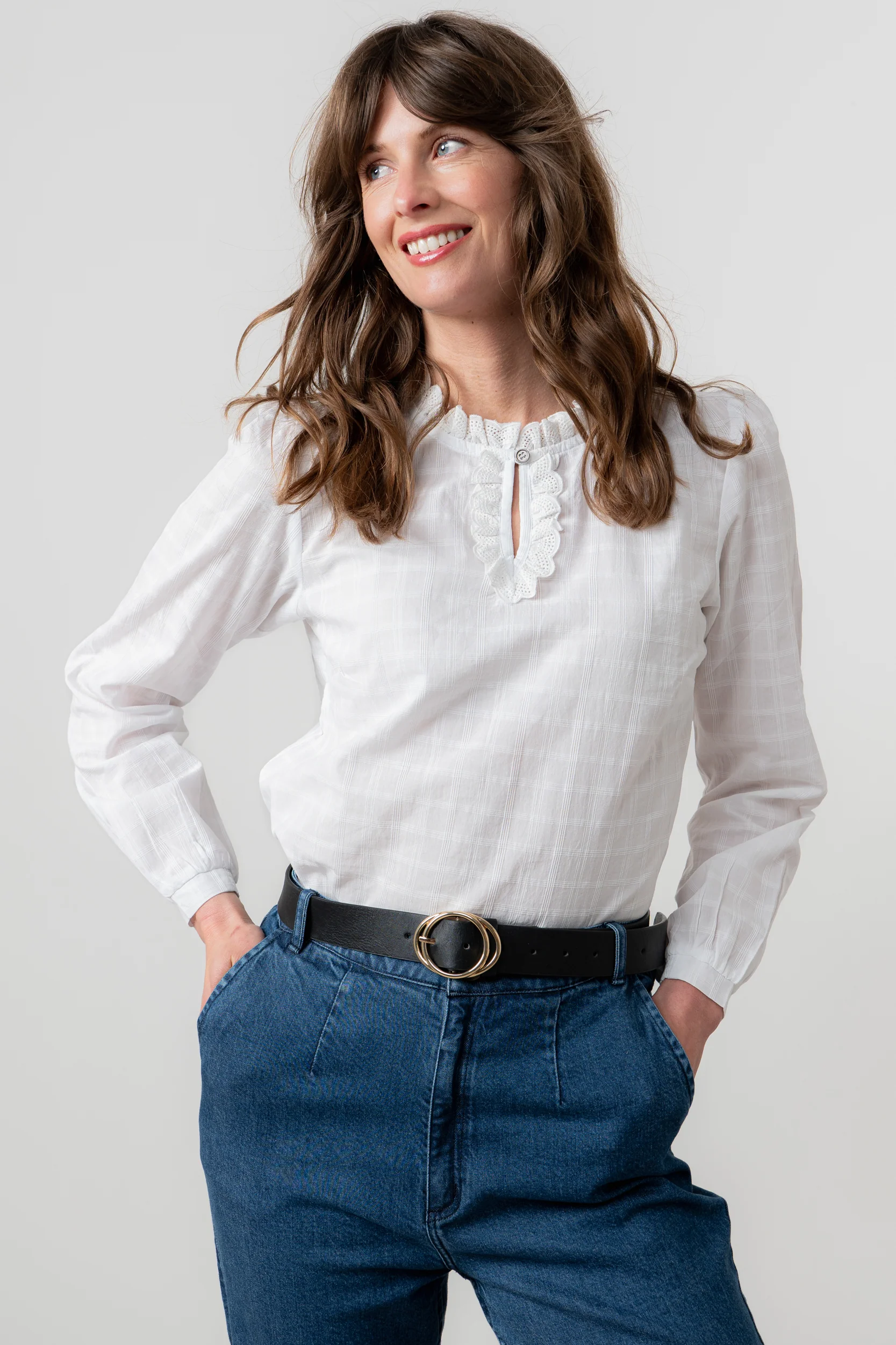 Emily Organic Cotton Check Keyhole Blouse White - Image 3