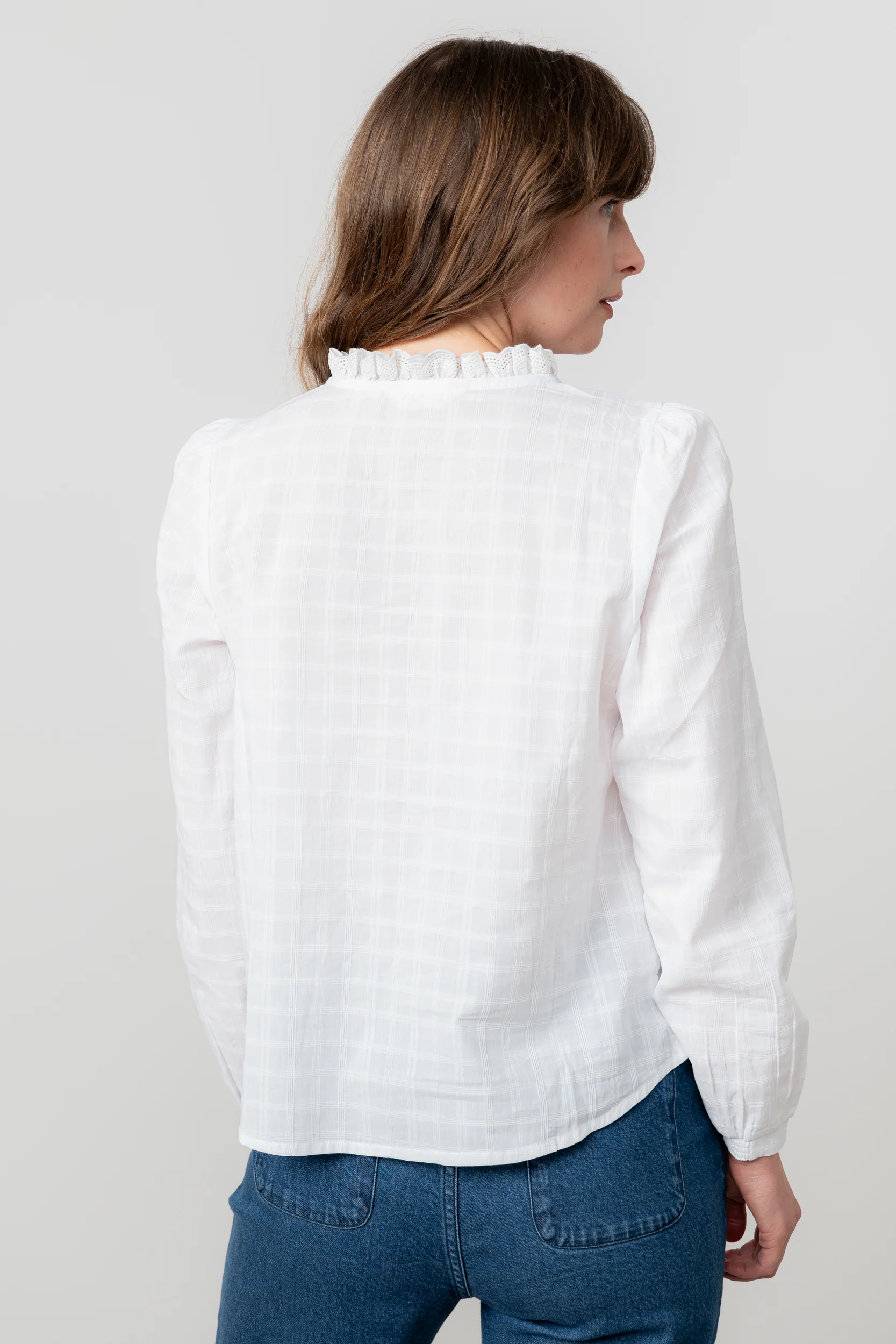 Emily Organic Cotton Check Keyhole Blouse White - Image 4