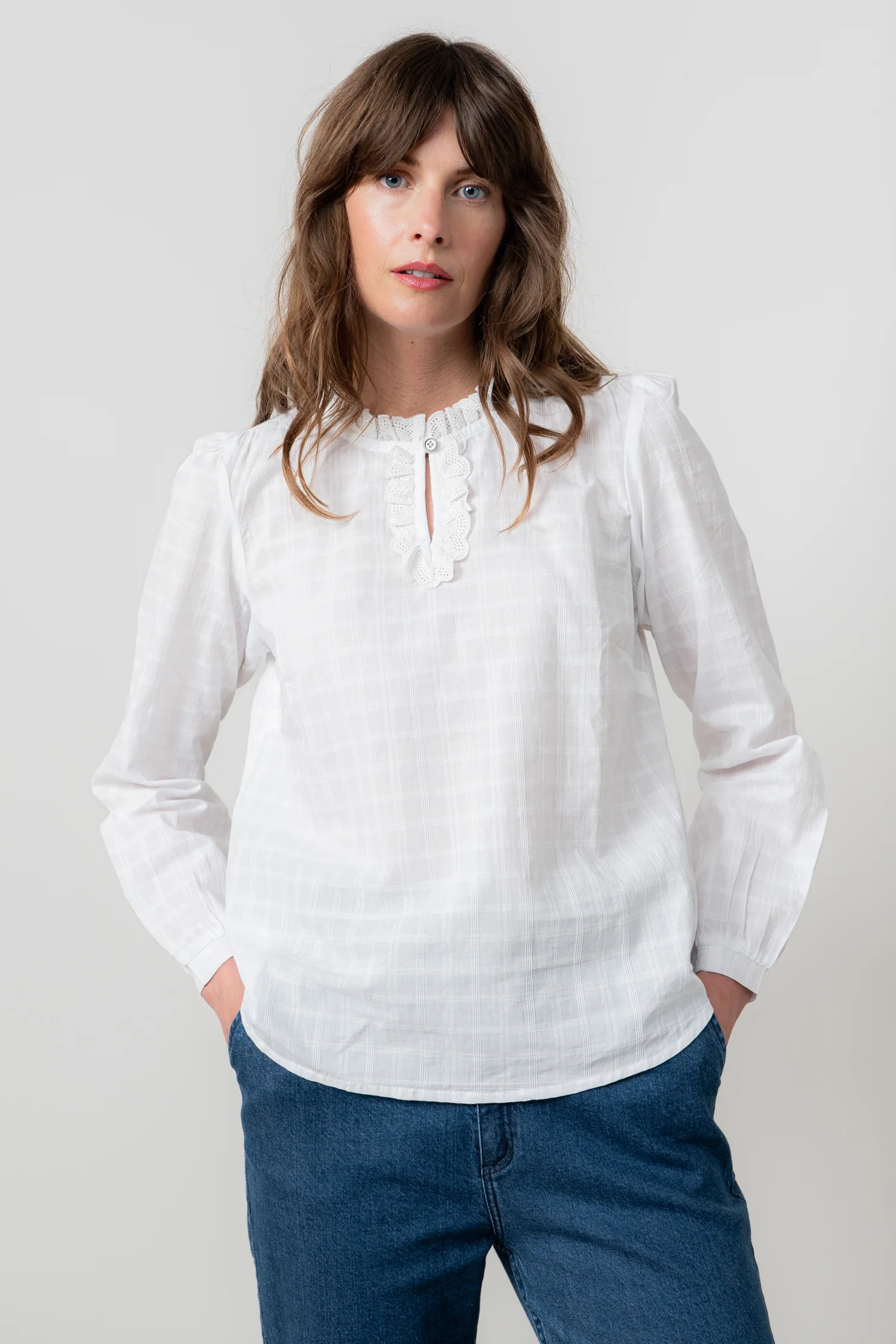 Emily Organic Cotton Check Keyhole Blouse White - Image 7