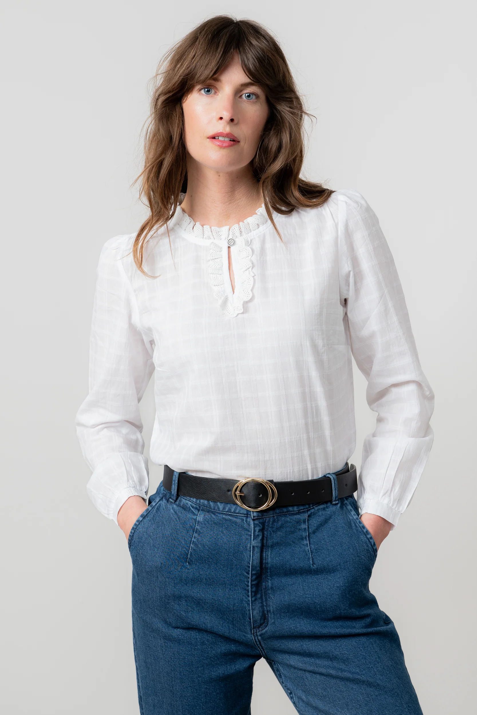 Emily Organic Cotton Check Keyhole Blouse White - Image 8
