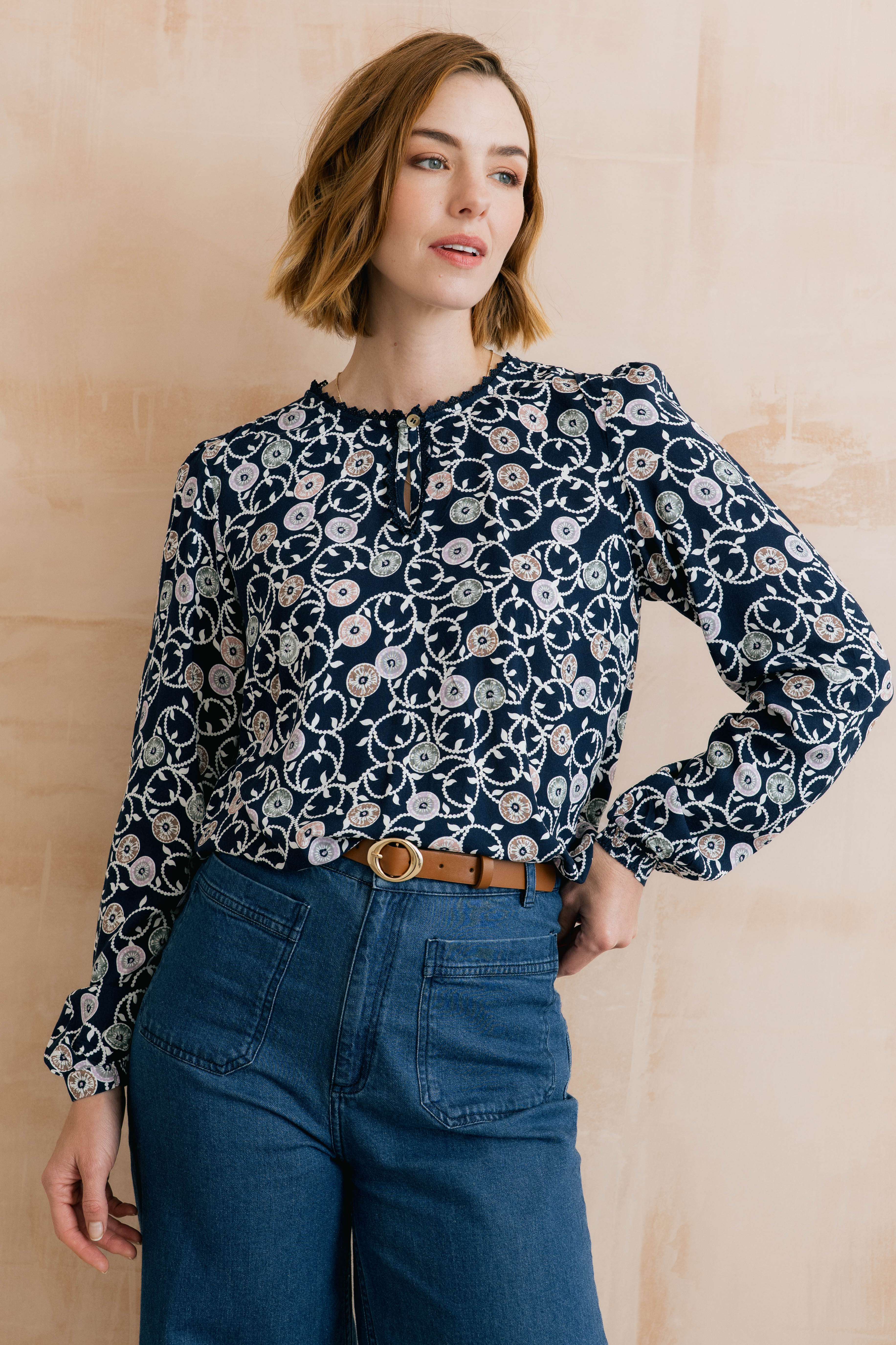 Emily Printed Keyhole Blouse Navy - Image 3