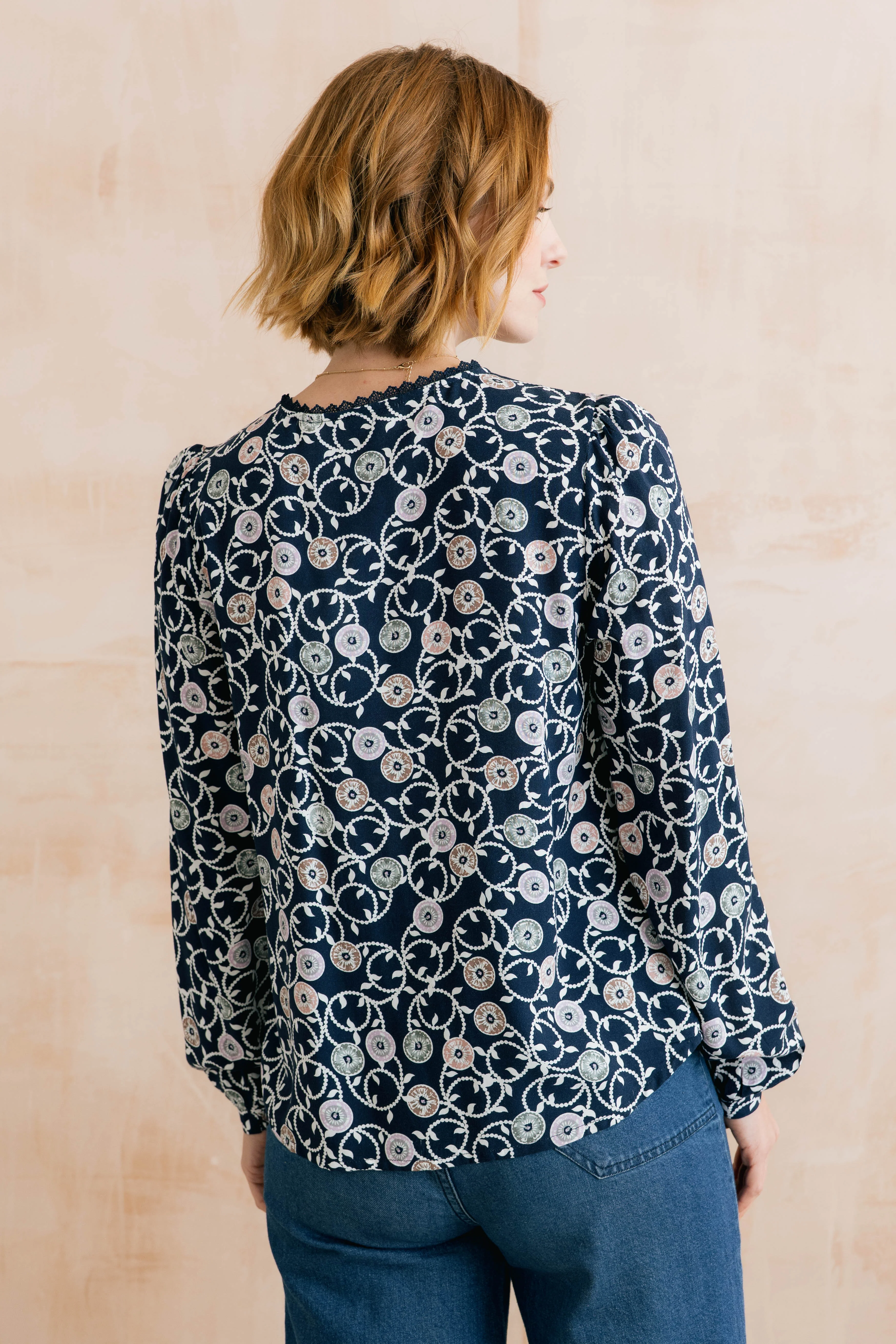 Emily Printed Keyhole Blouse Navy - Image 4