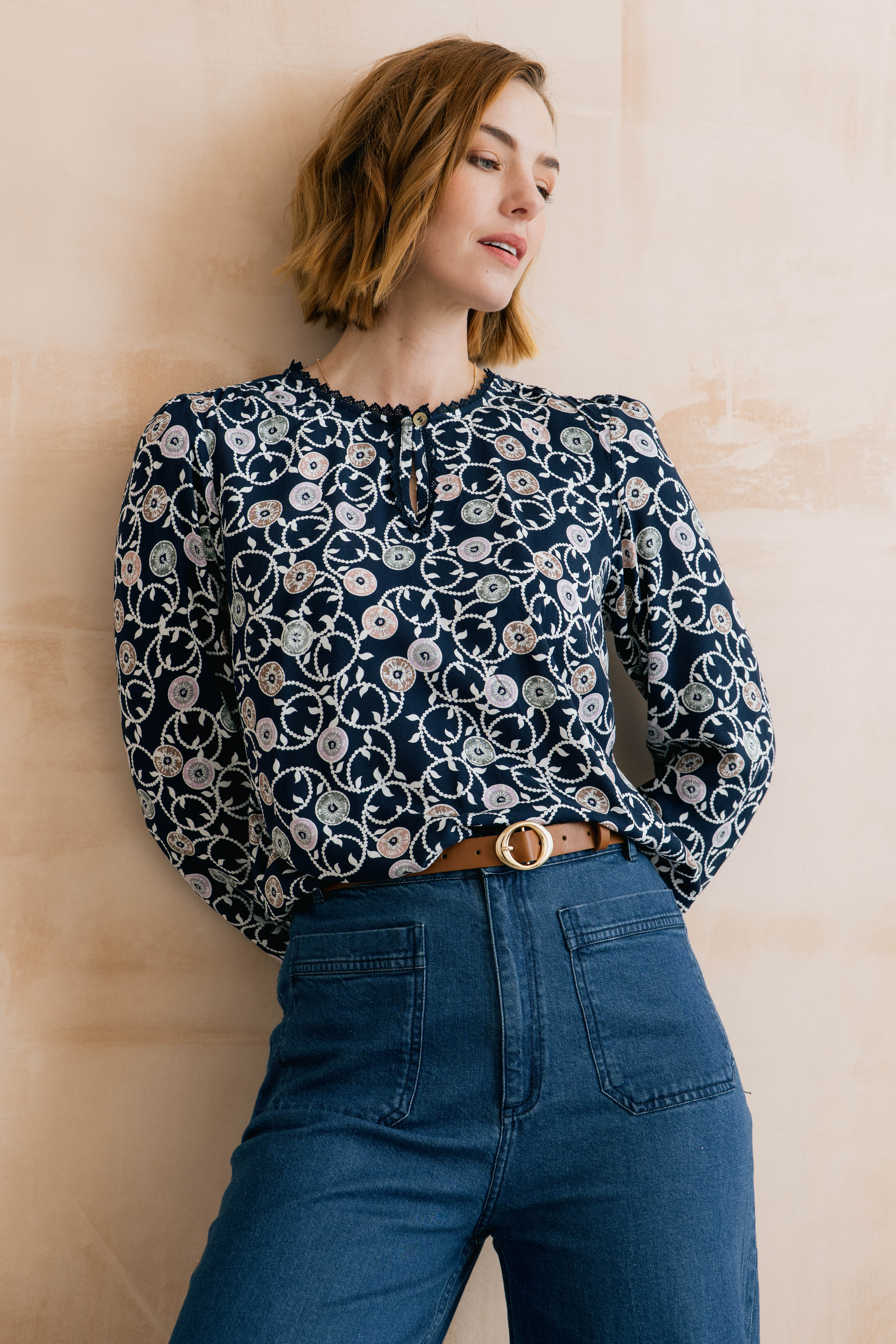 Emily Printed Keyhole Blouse Navy - Image 5