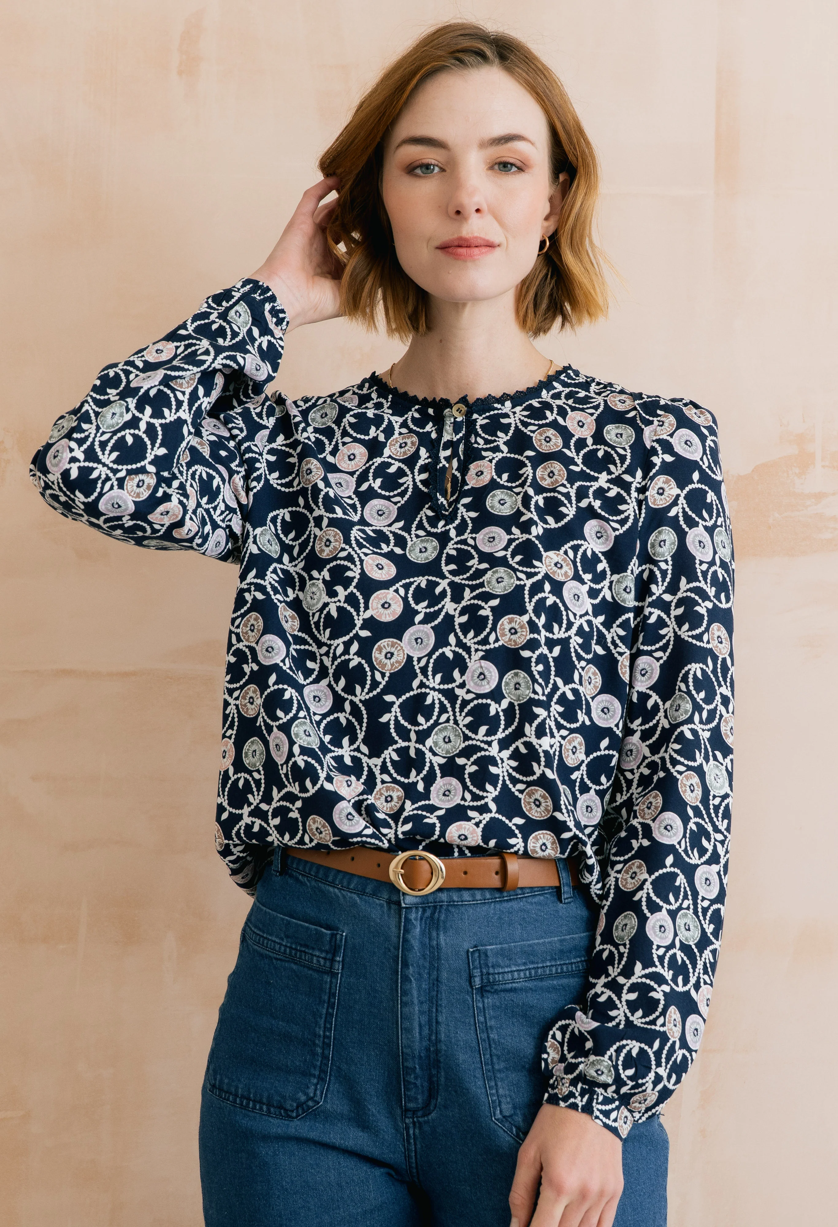Emily Printed Keyhole Blouse Navy - Image 6