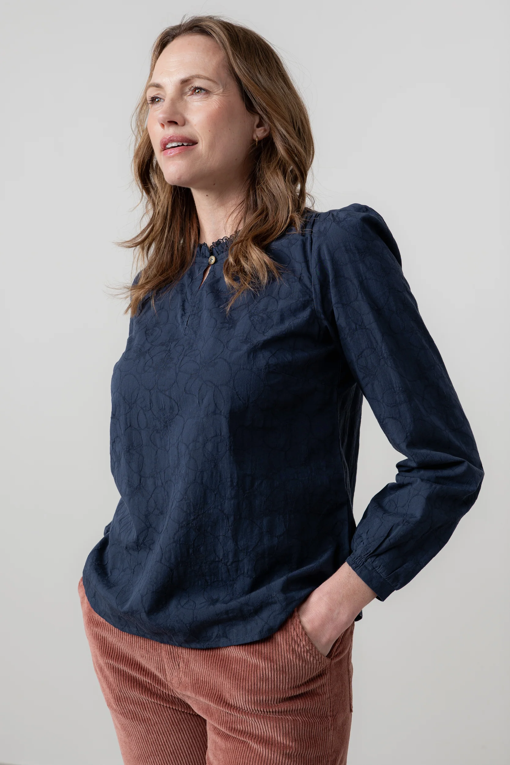 Emily Textured Jacquard Keyhole Blouse Navy - Image 2