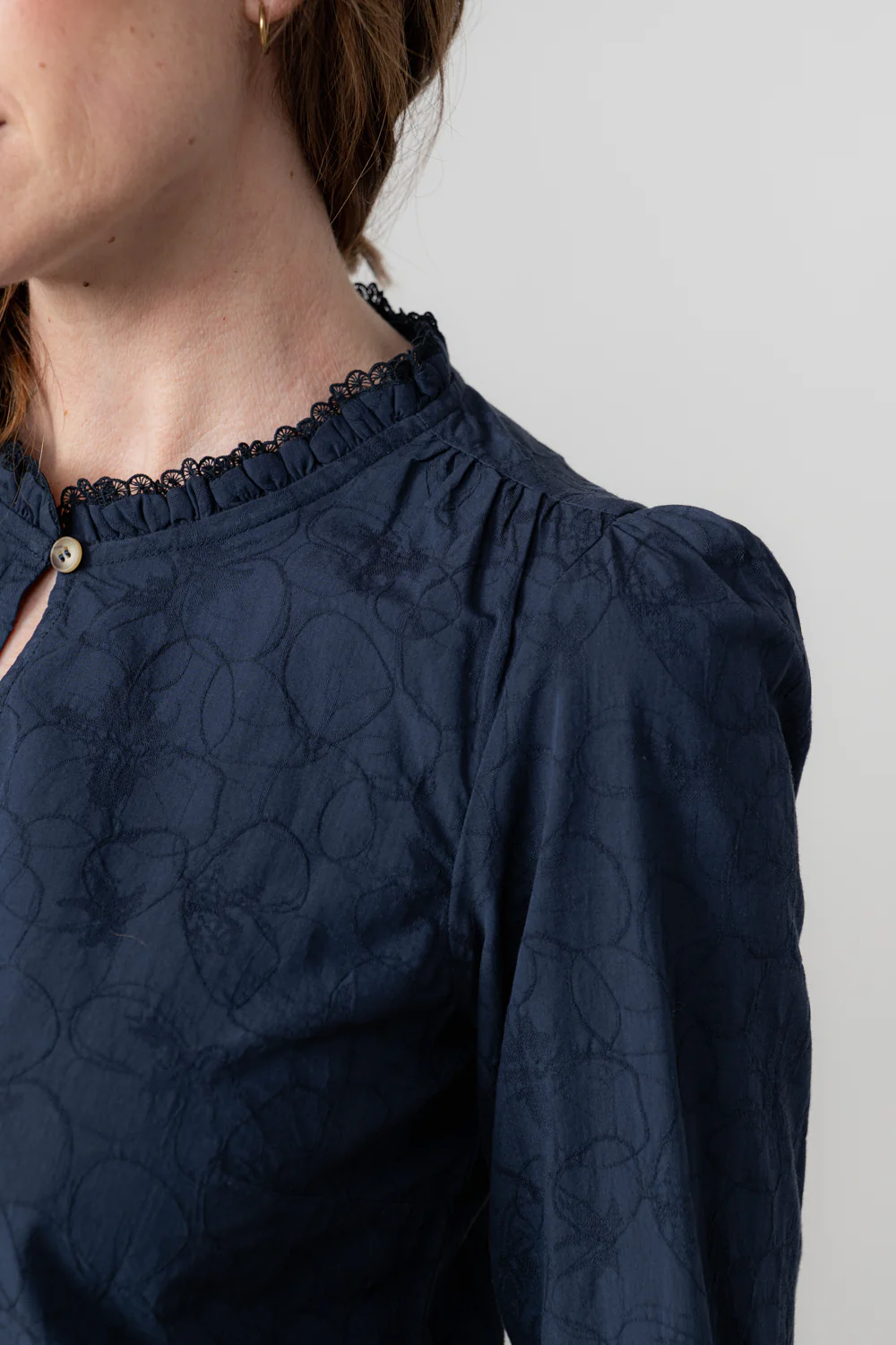 Emily Textured Jacquard Keyhole Blouse Navy - Image 3