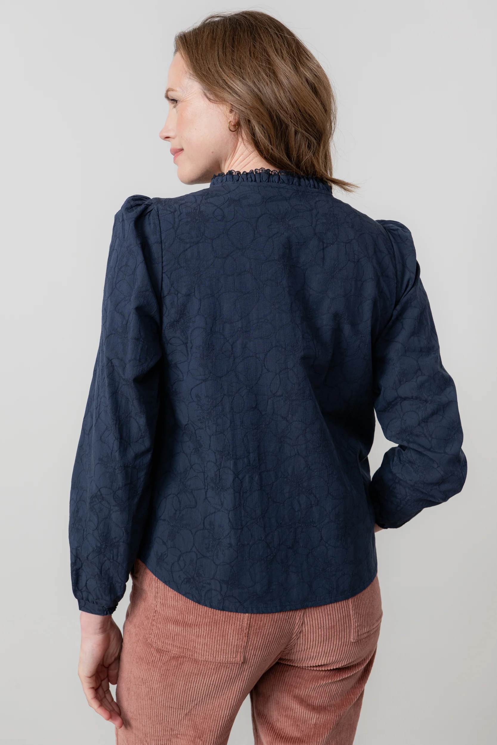 Emily Textured Jacquard Keyhole Blouse Navy - Image 4