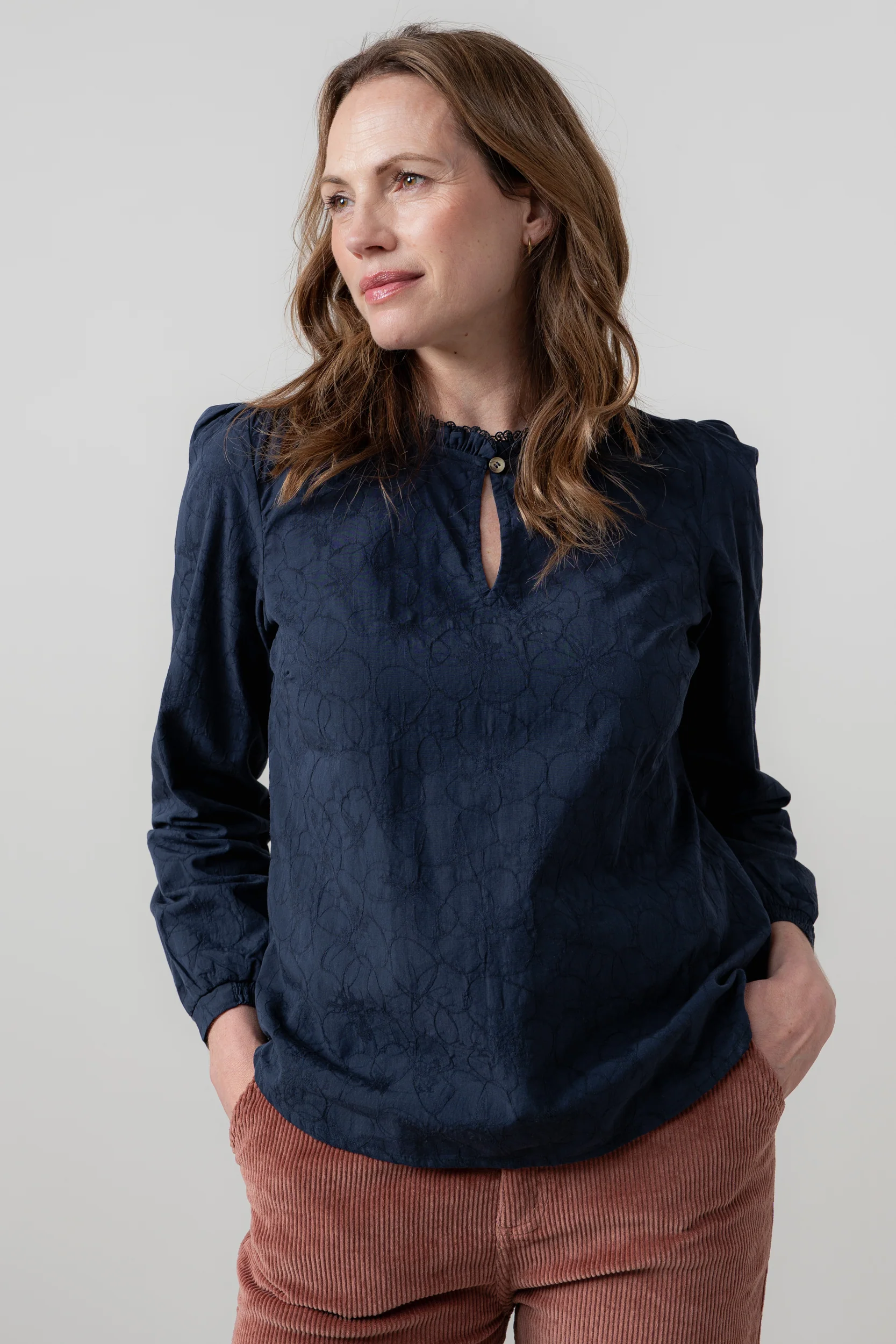 Emily Textured Jacquard Keyhole Blouse Navy - Image 5