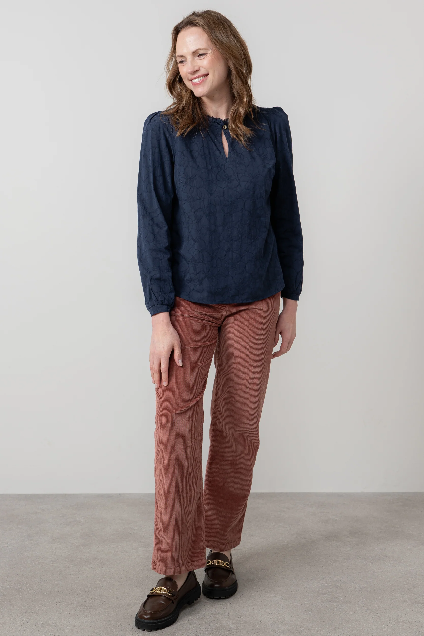 Emily Textured Jacquard Keyhole Blouse Navy - Image 6