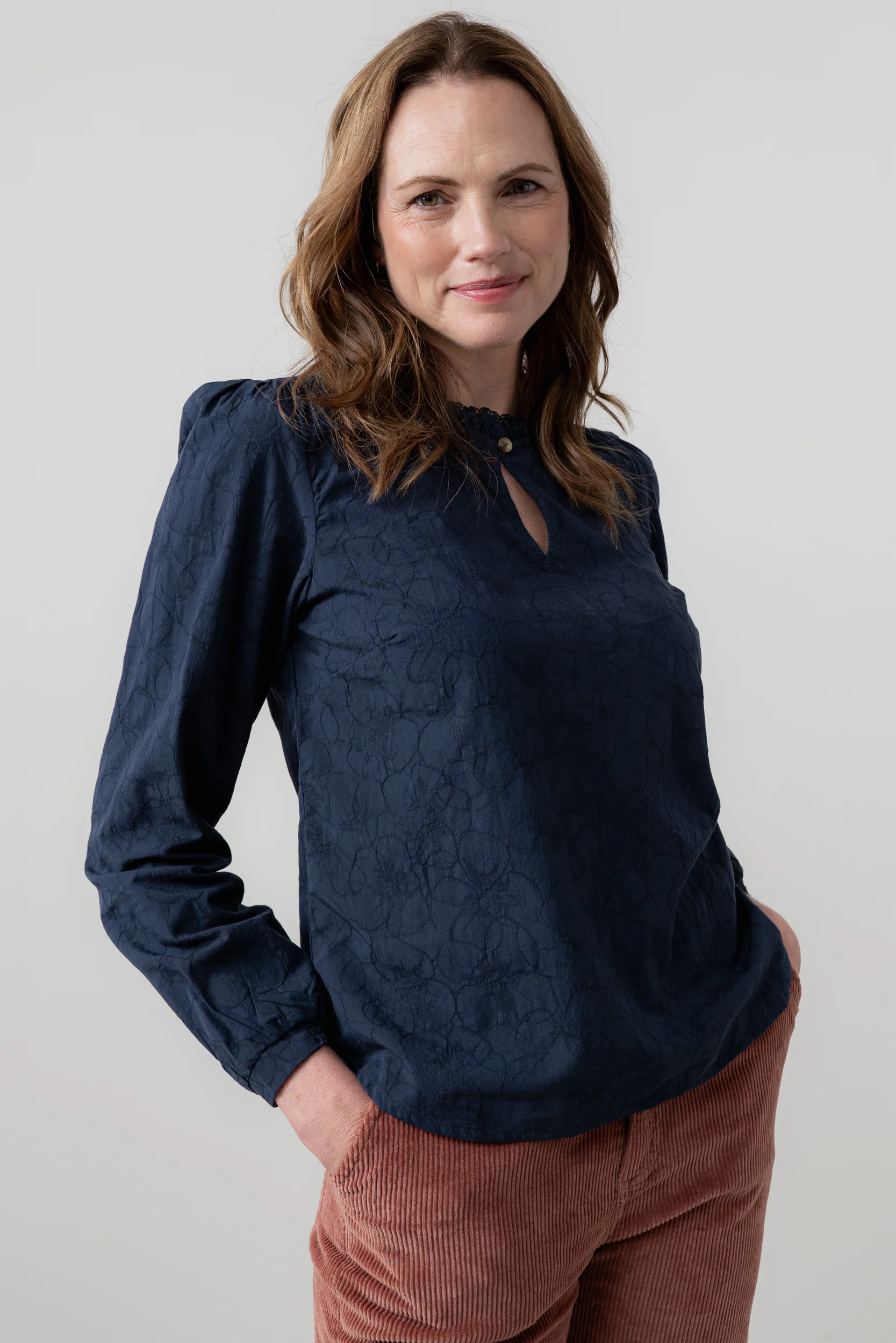 Emily Textured Jacquard Keyhole Blouse Navy - Image 7