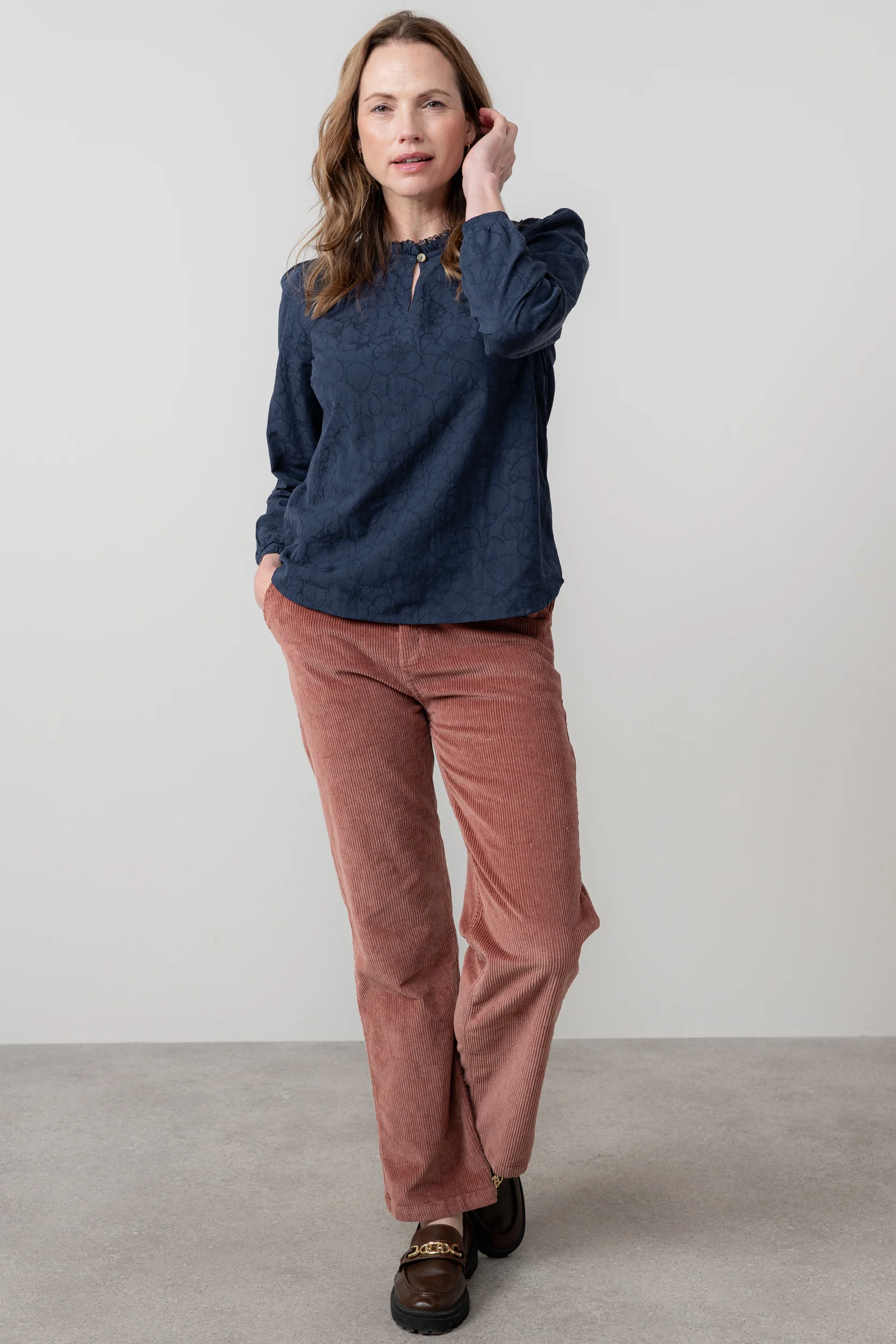 Emily Textured Jacquard Keyhole Blouse Navy - Image 8