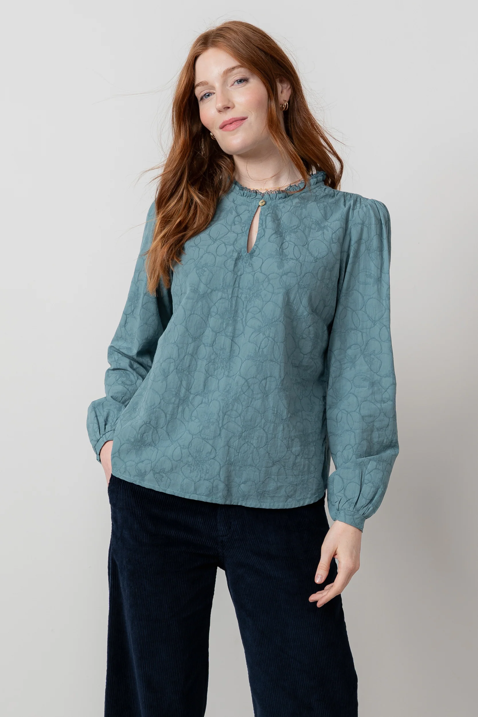 Emily Textured Jacquard Keyhole Blouse Sea Mist - Image 3