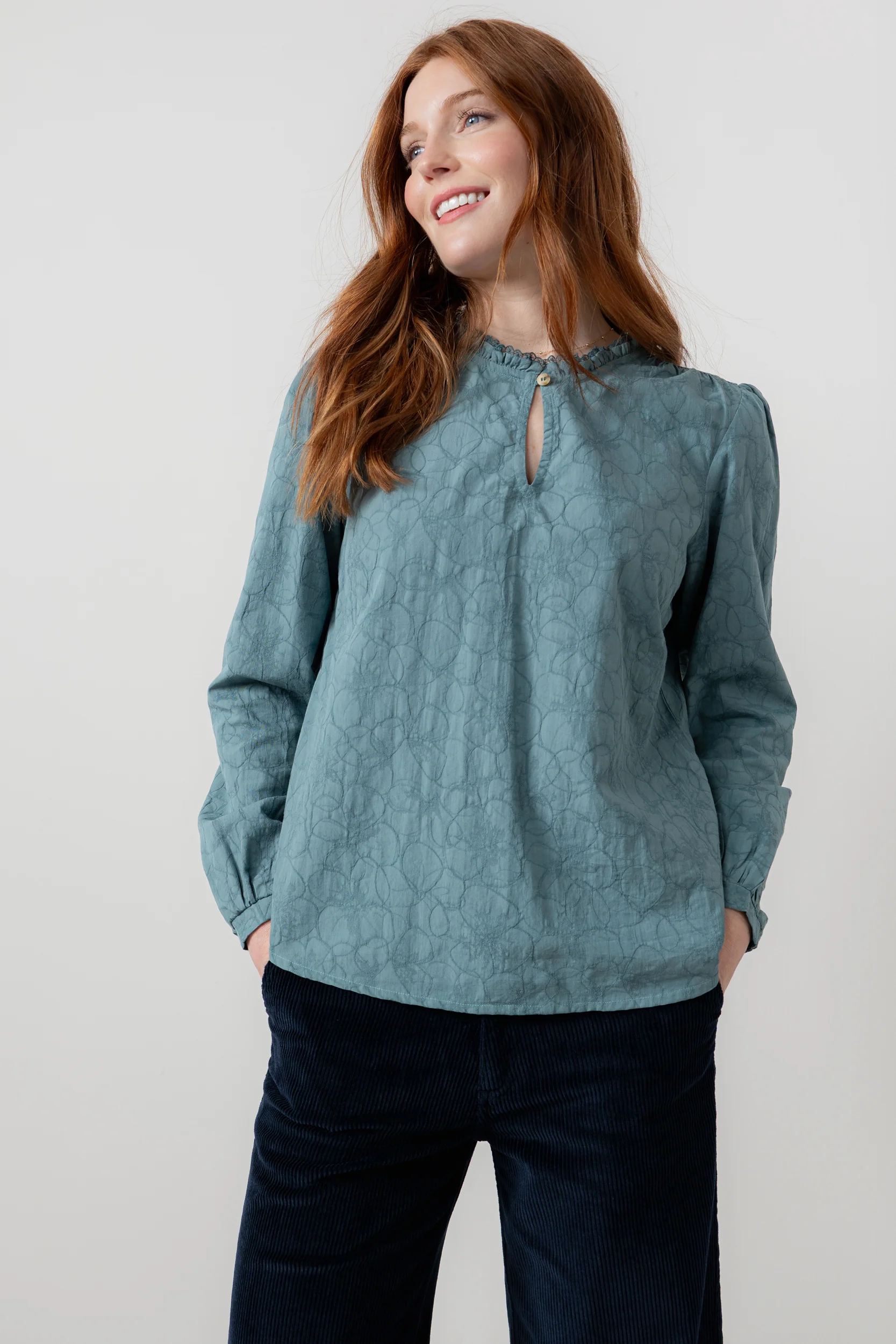 Emily Textured Jacquard Keyhole Blouse Sea Mist - Image 5