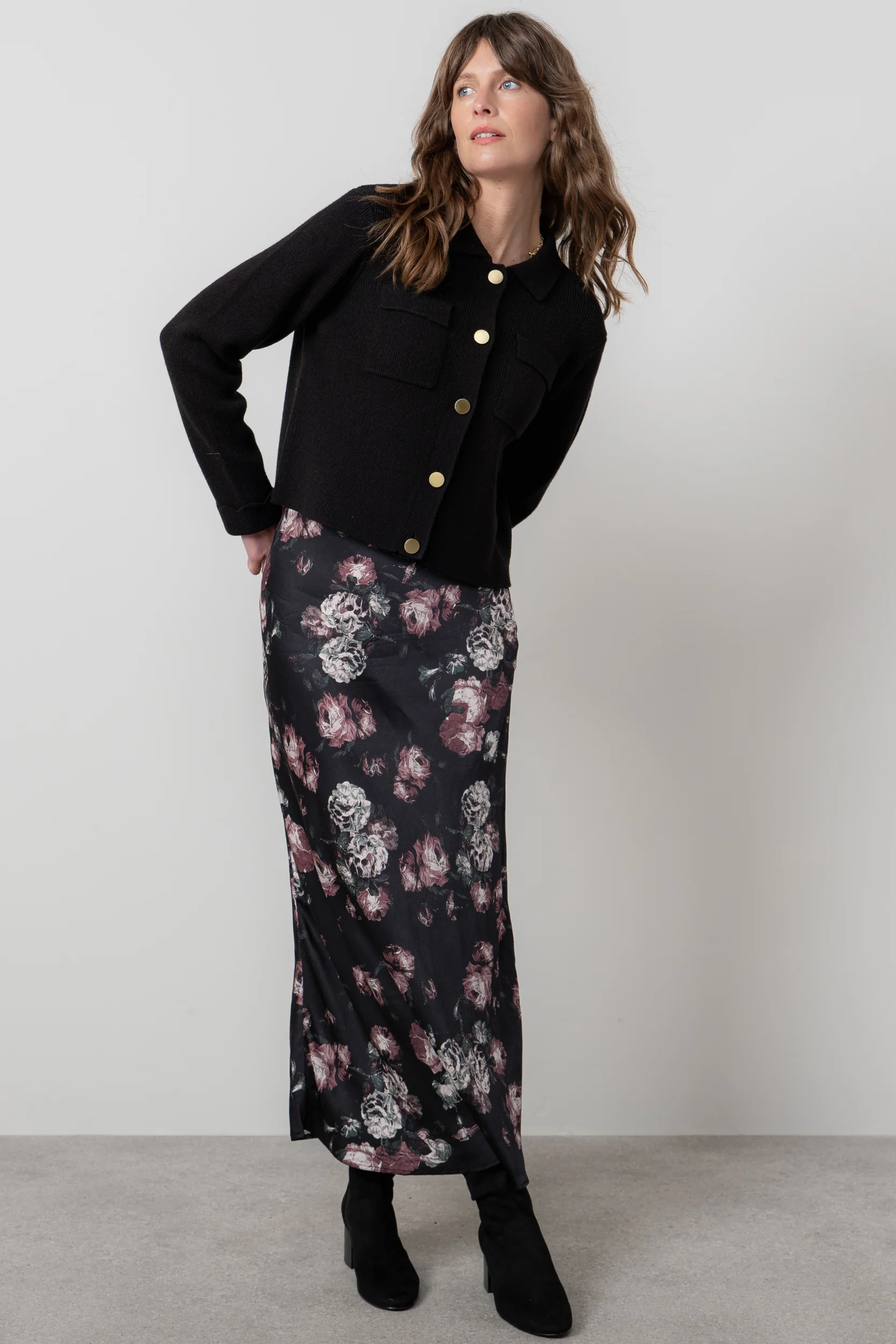 Evelyn Floral Print Satin Midi Skirt Black - Image 3