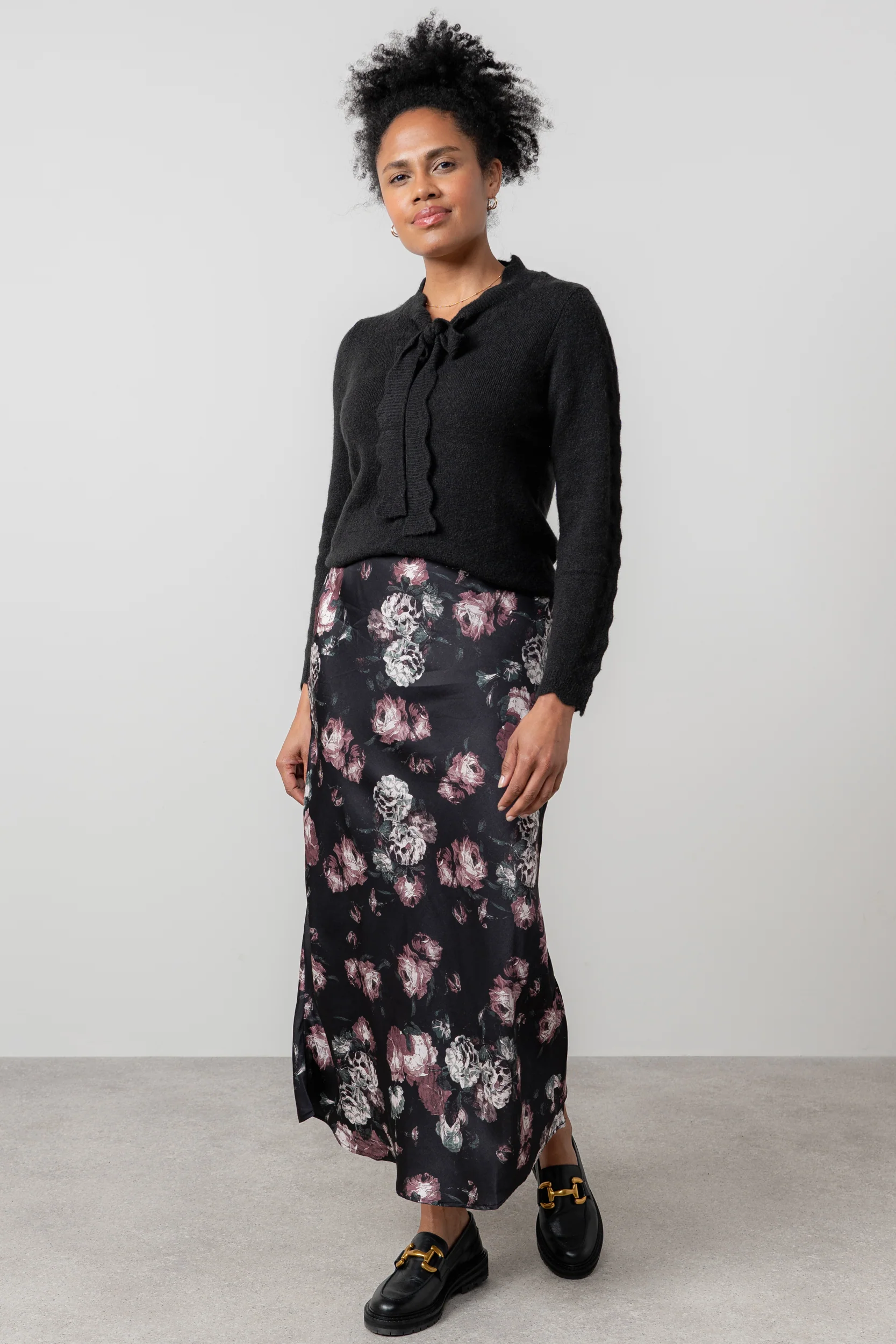Evelyn Floral Print Satin Midi Skirt Black - Image 6