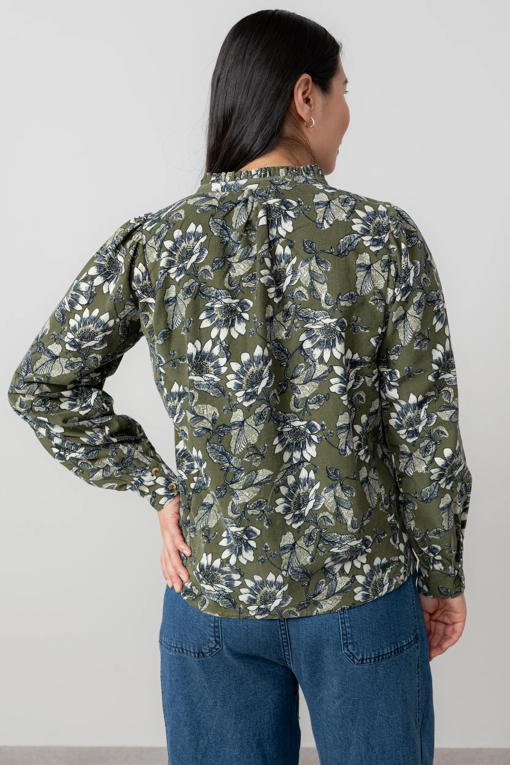 Flora Cotton Pincord Ditsy Print Blouse Moss - Image 4