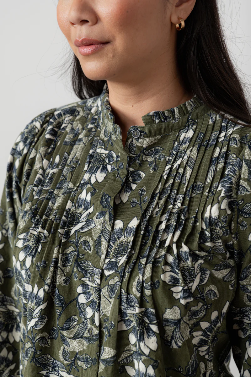 Flora Cotton Pincord Ditsy Print Blouse Moss - Image 5