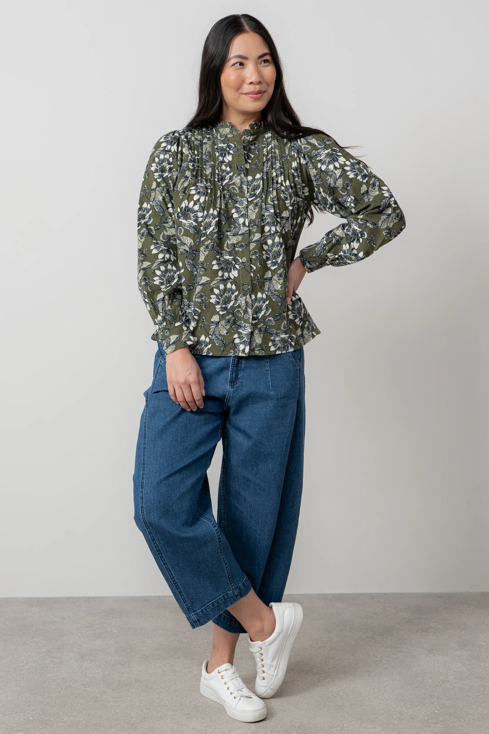 Flora Cotton Pincord Ditsy Print Blouse Moss - Image 6