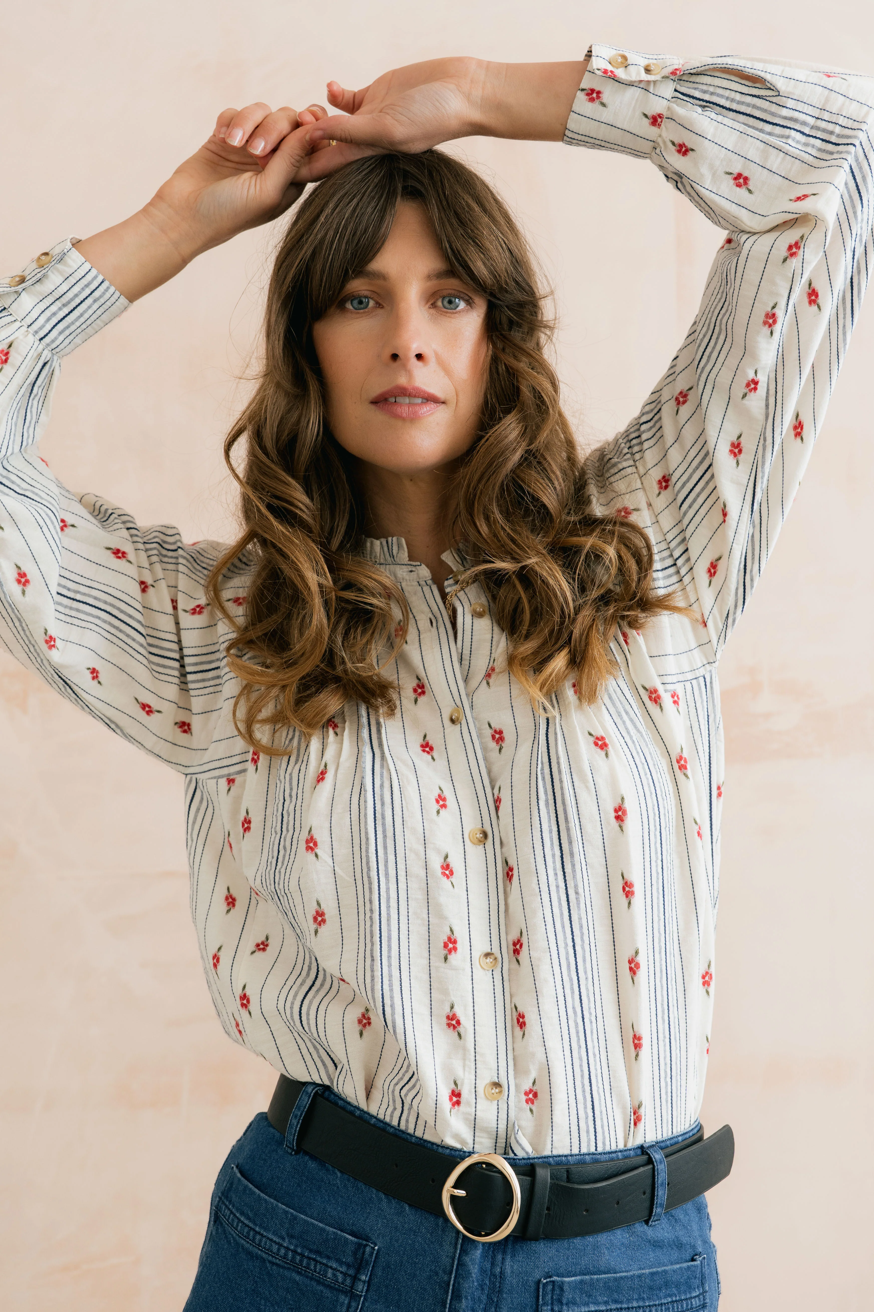 Flora Embroidered Stripe Blouse Ecru - Image 4