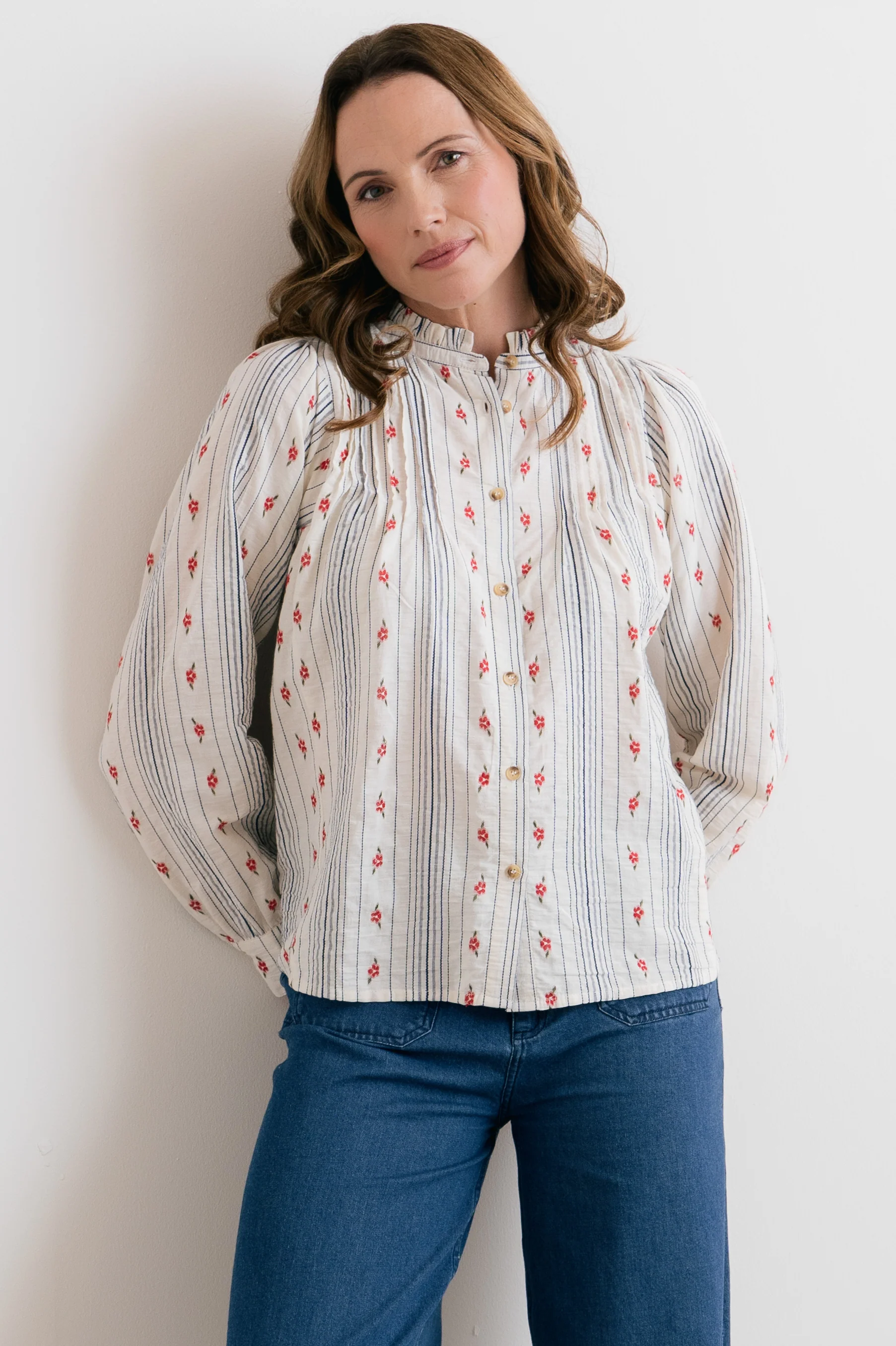 Flora Embroidered Stripe Blouse Ecru - Image 5