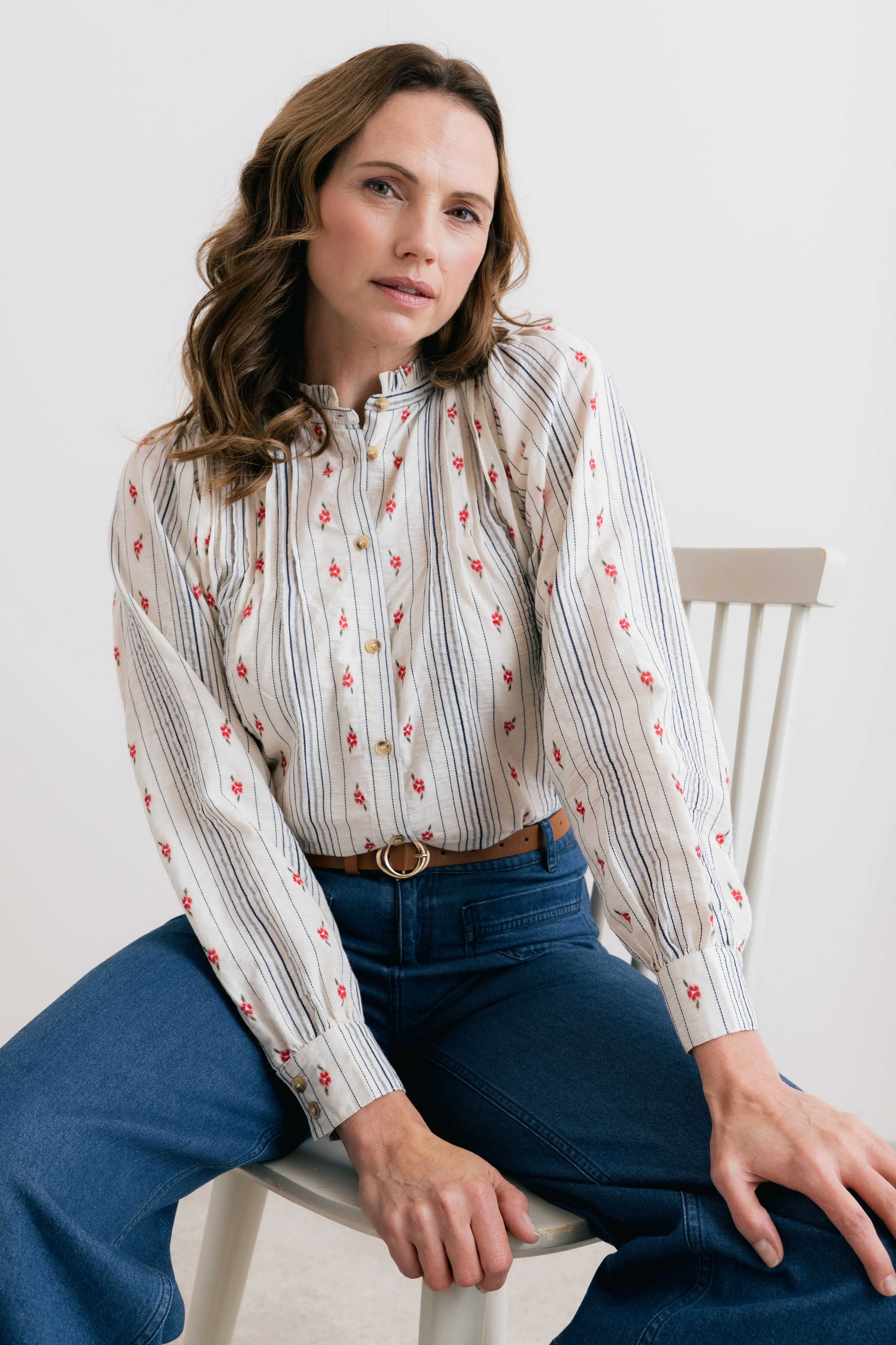 Flora Embroidered Stripe Blouse Ecru - Image 7