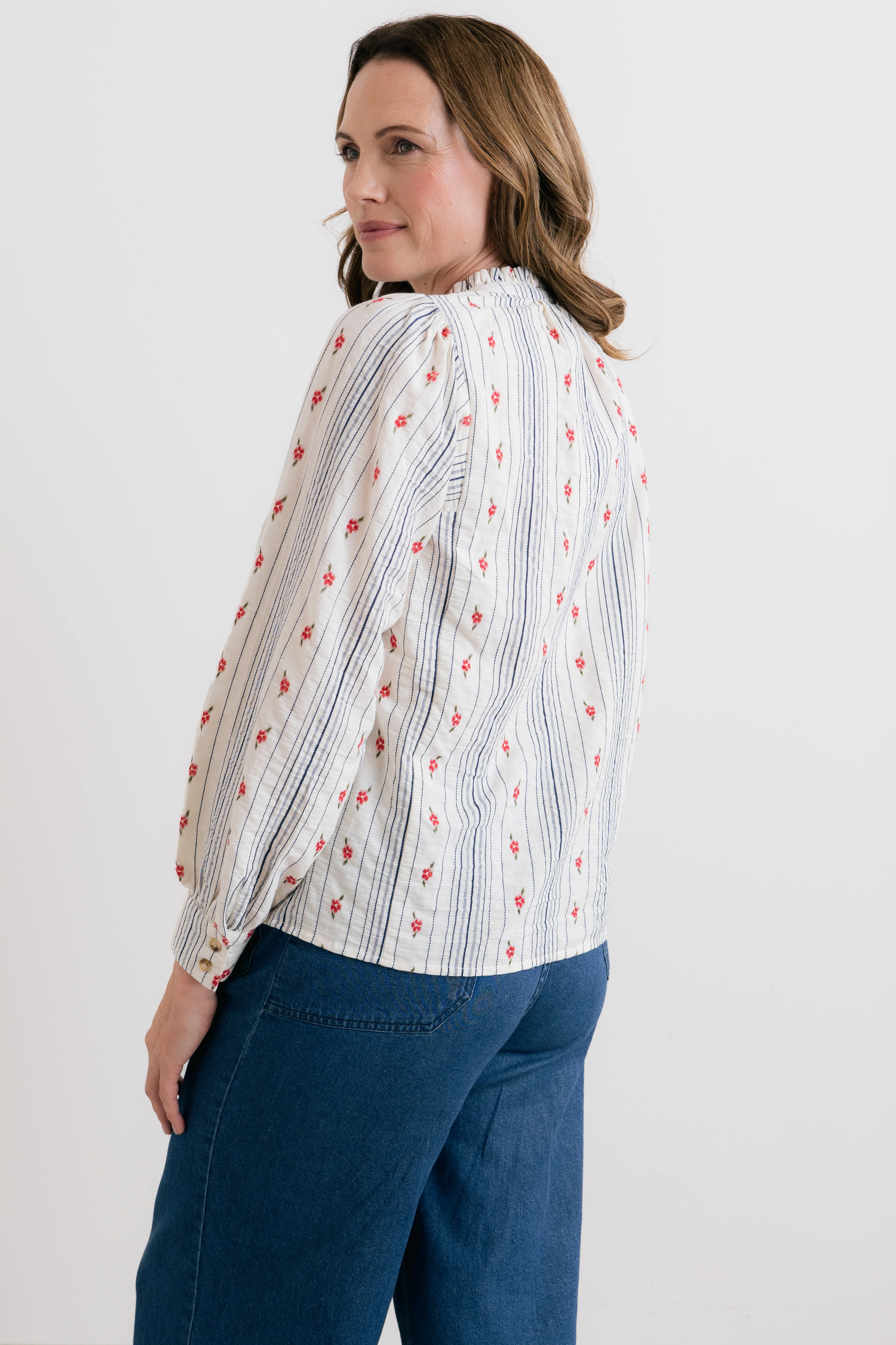 Flora Embroidered Stripe Blouse Ecru - Image 8