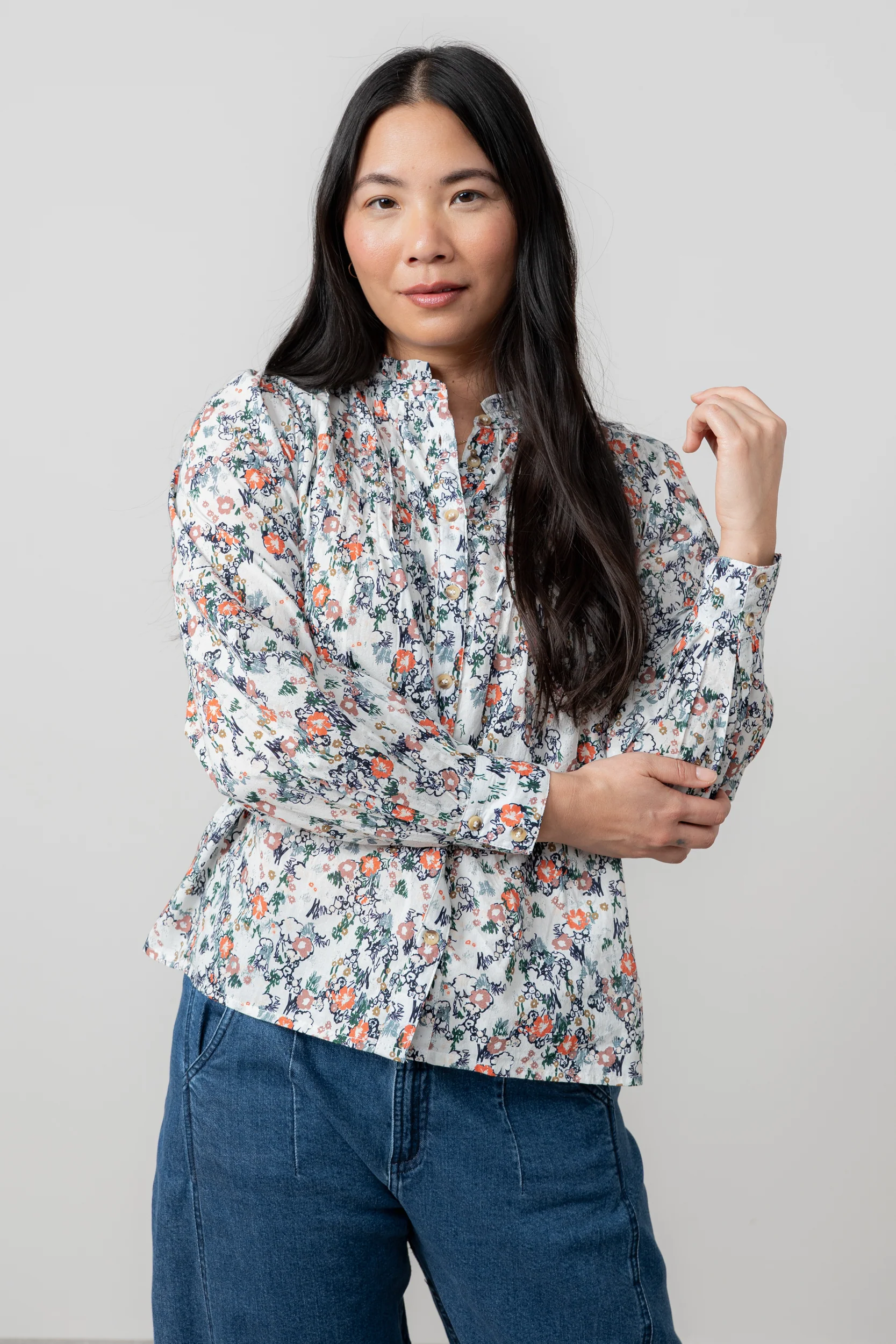 Flora Organic Cotton Ditsy Print Blouse Ecru - Image 5