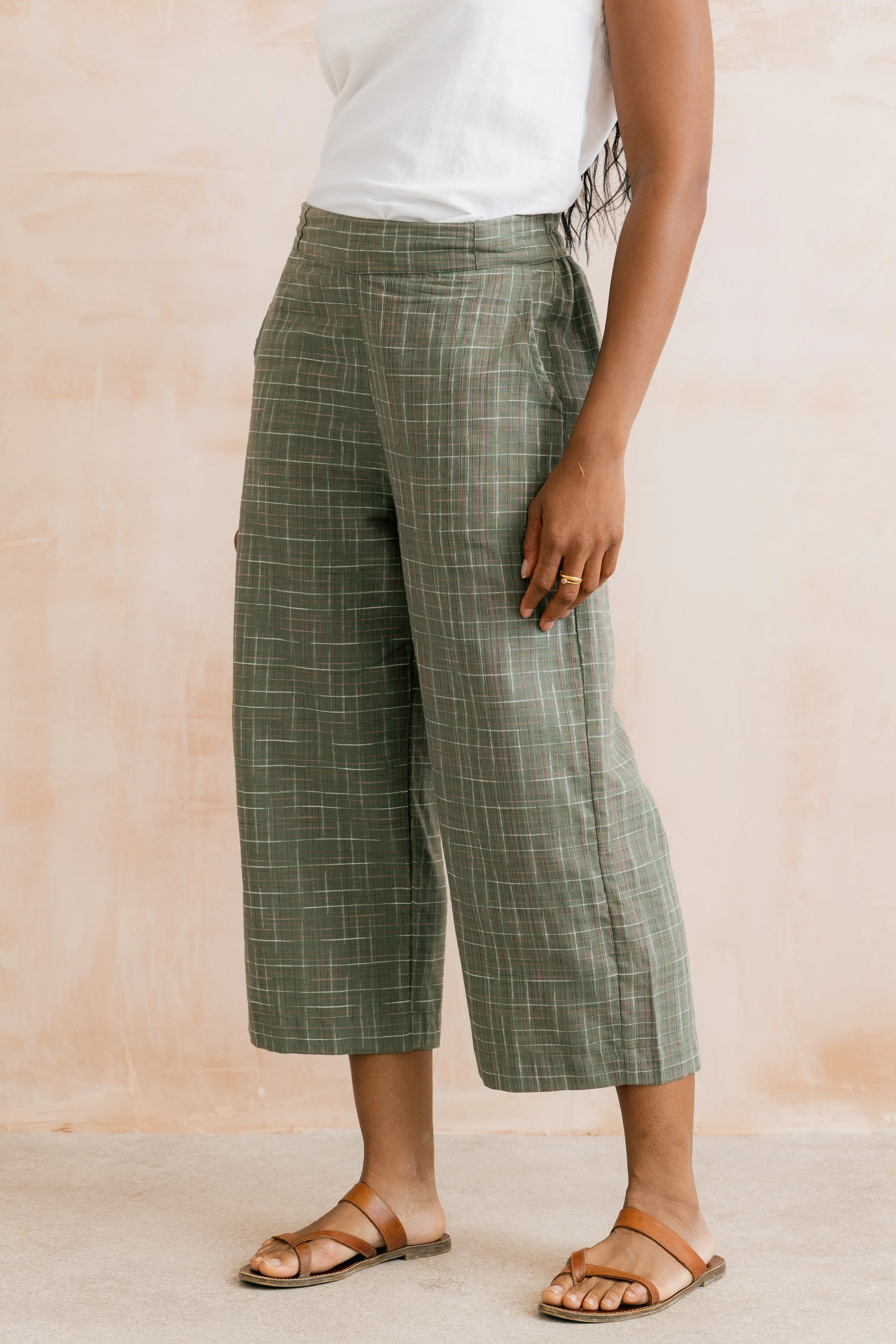 Greta Checked Cotton Cropped Trousers Green - Image 3