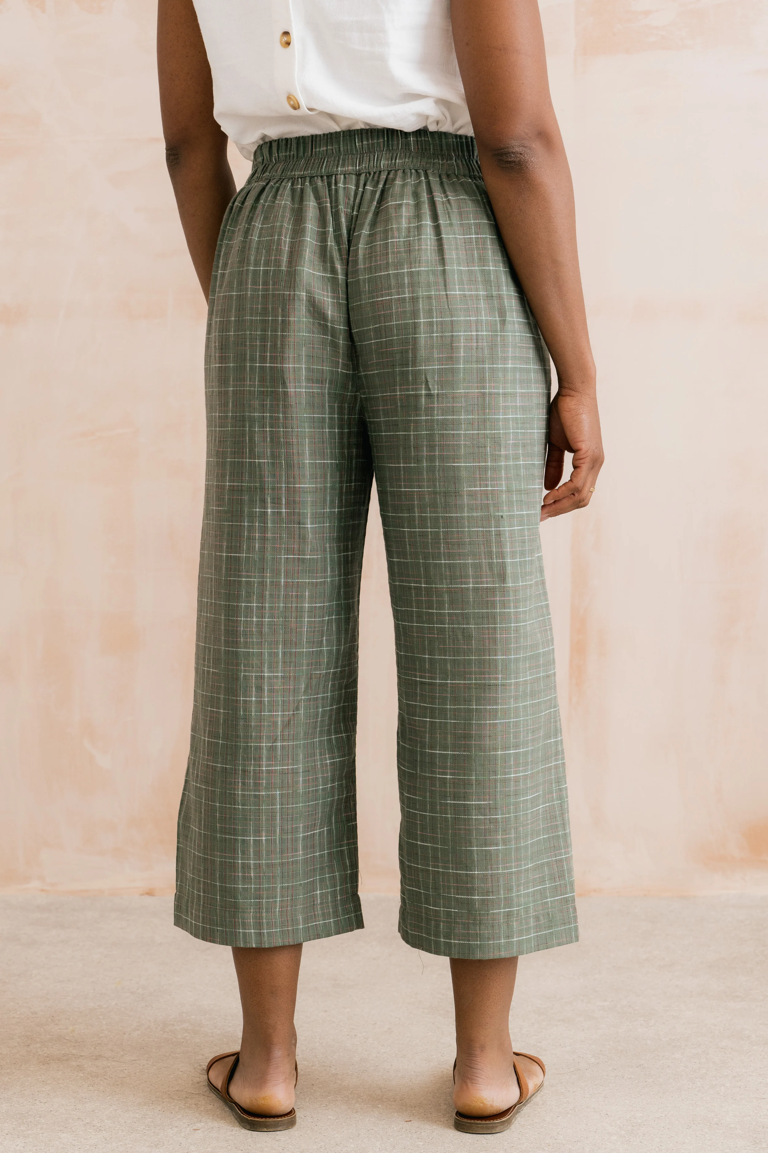 Greta Checked Cotton Cropped Trousers Green - Image 4