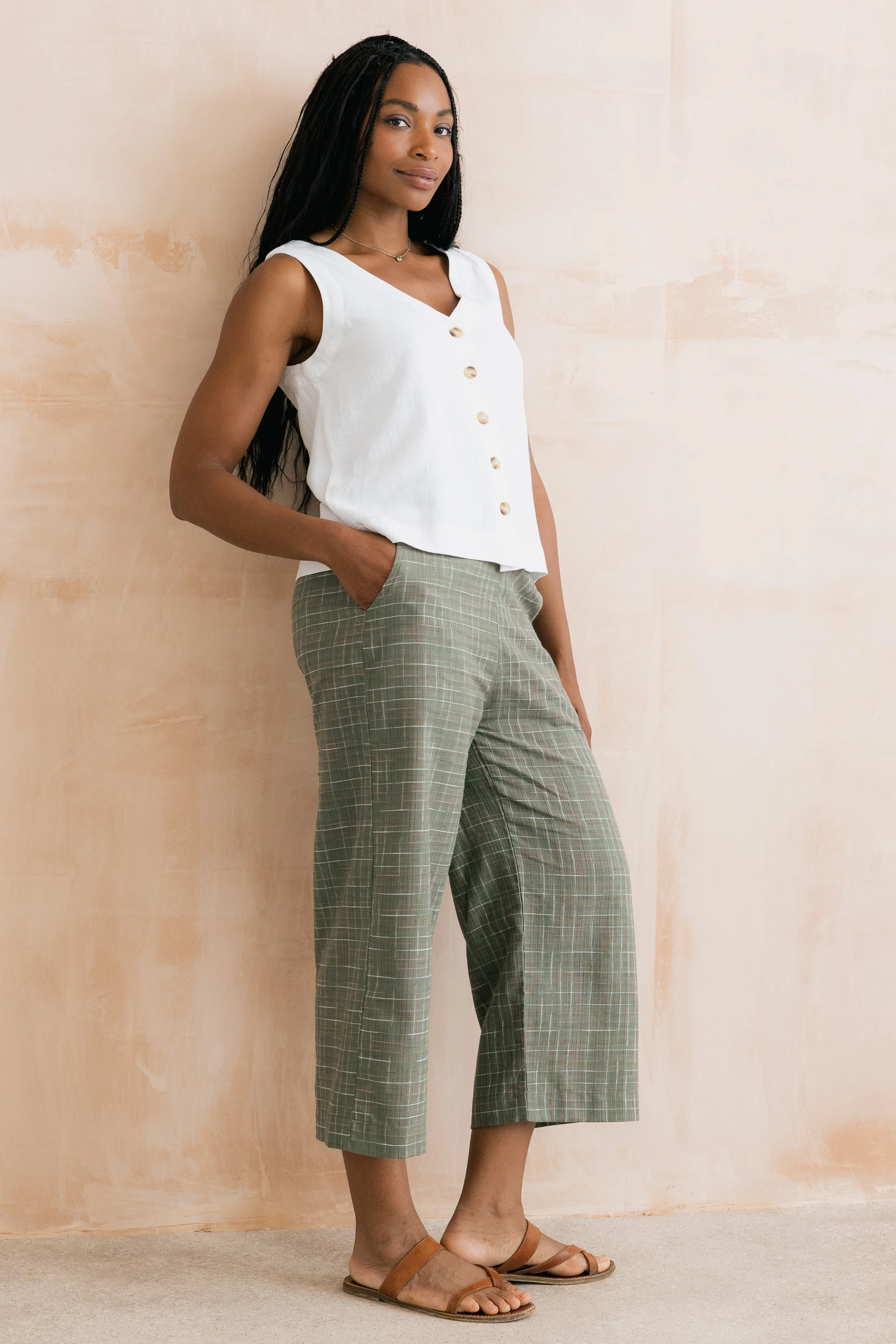Greta Checked Cotton Cropped Trousers Green - Image 5