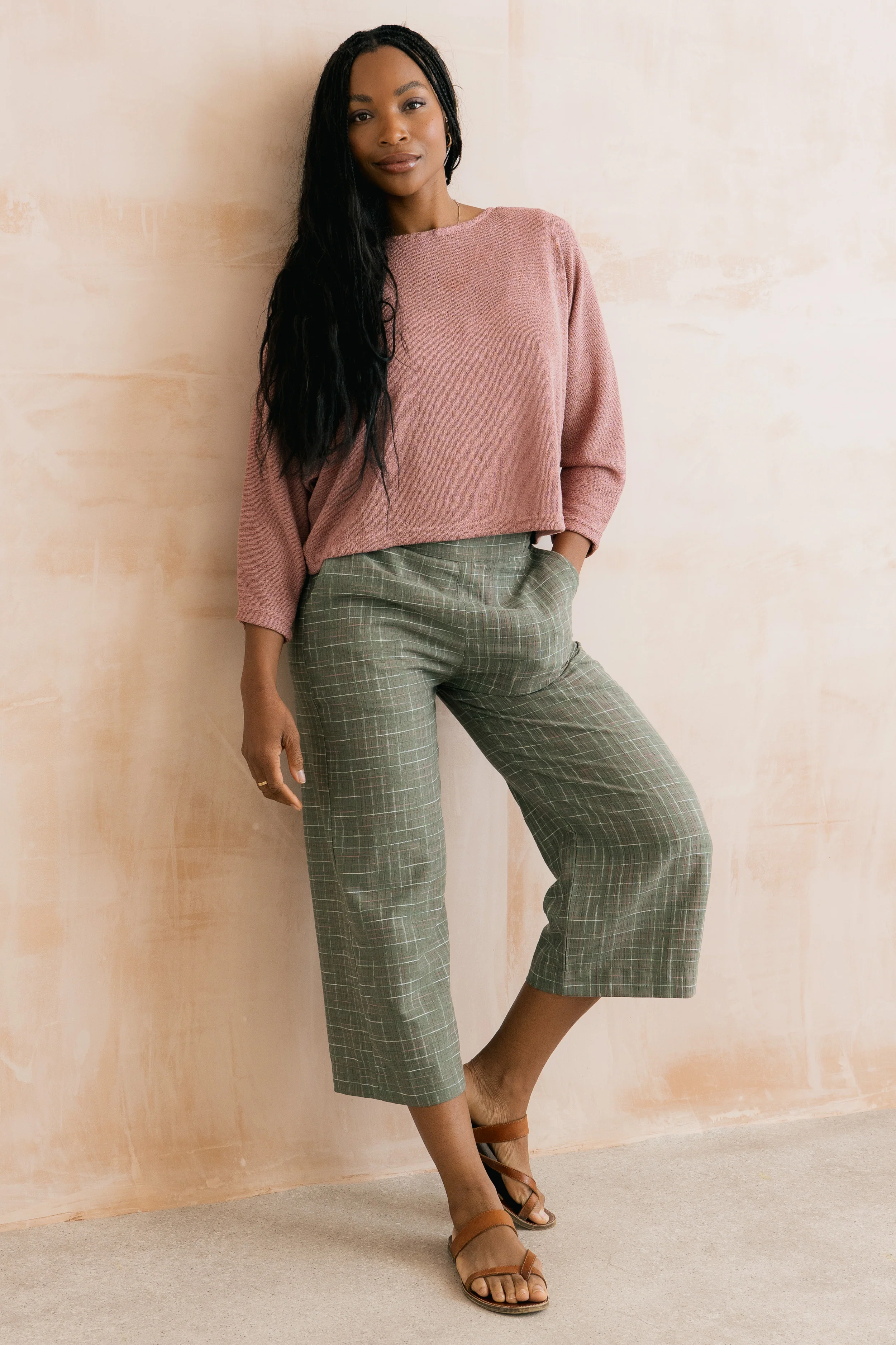 Greta Checked Cotton Cropped Trousers Green - Image 7