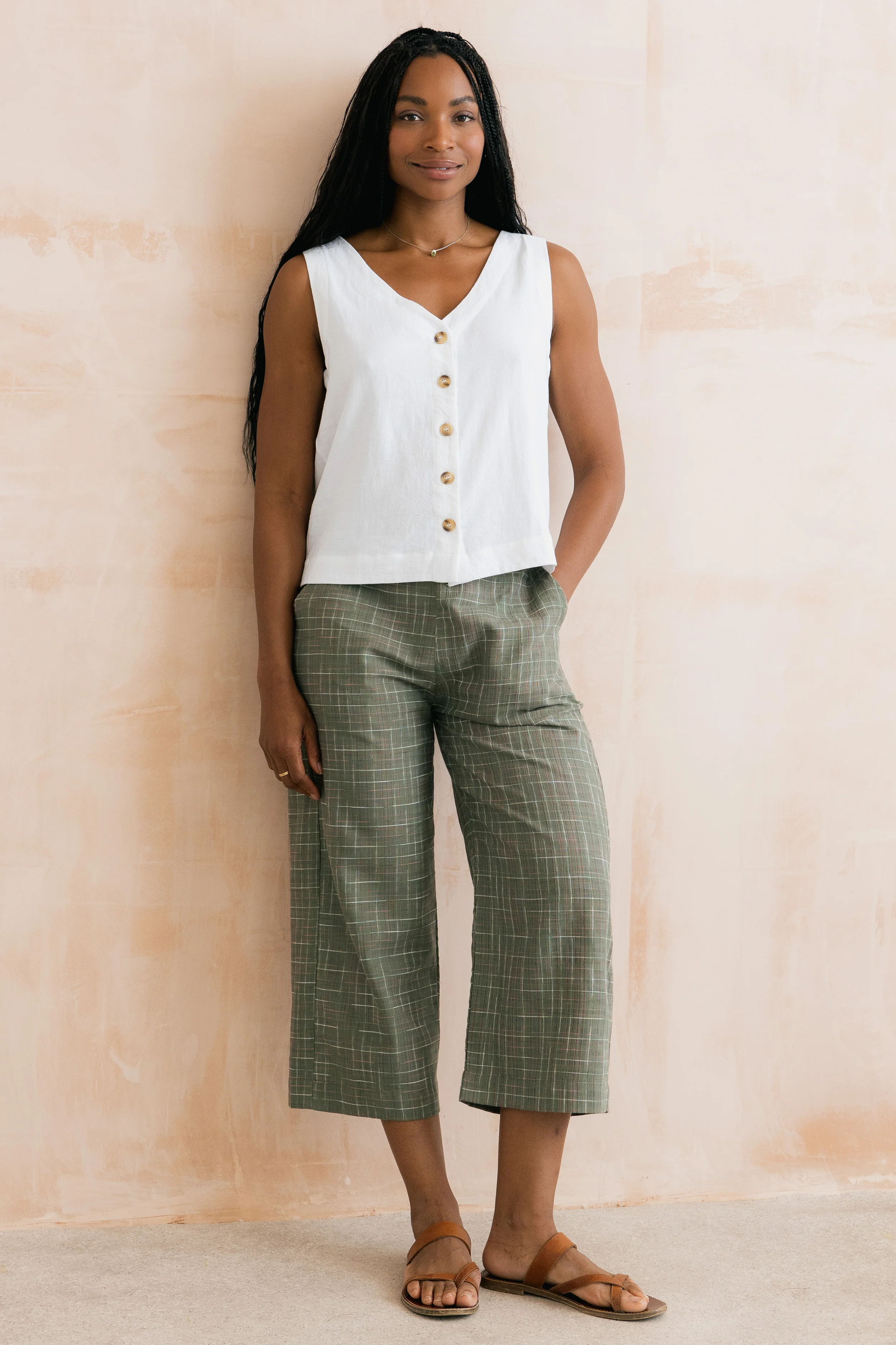 Greta Checked Cotton Cropped Trousers Green - Image 8