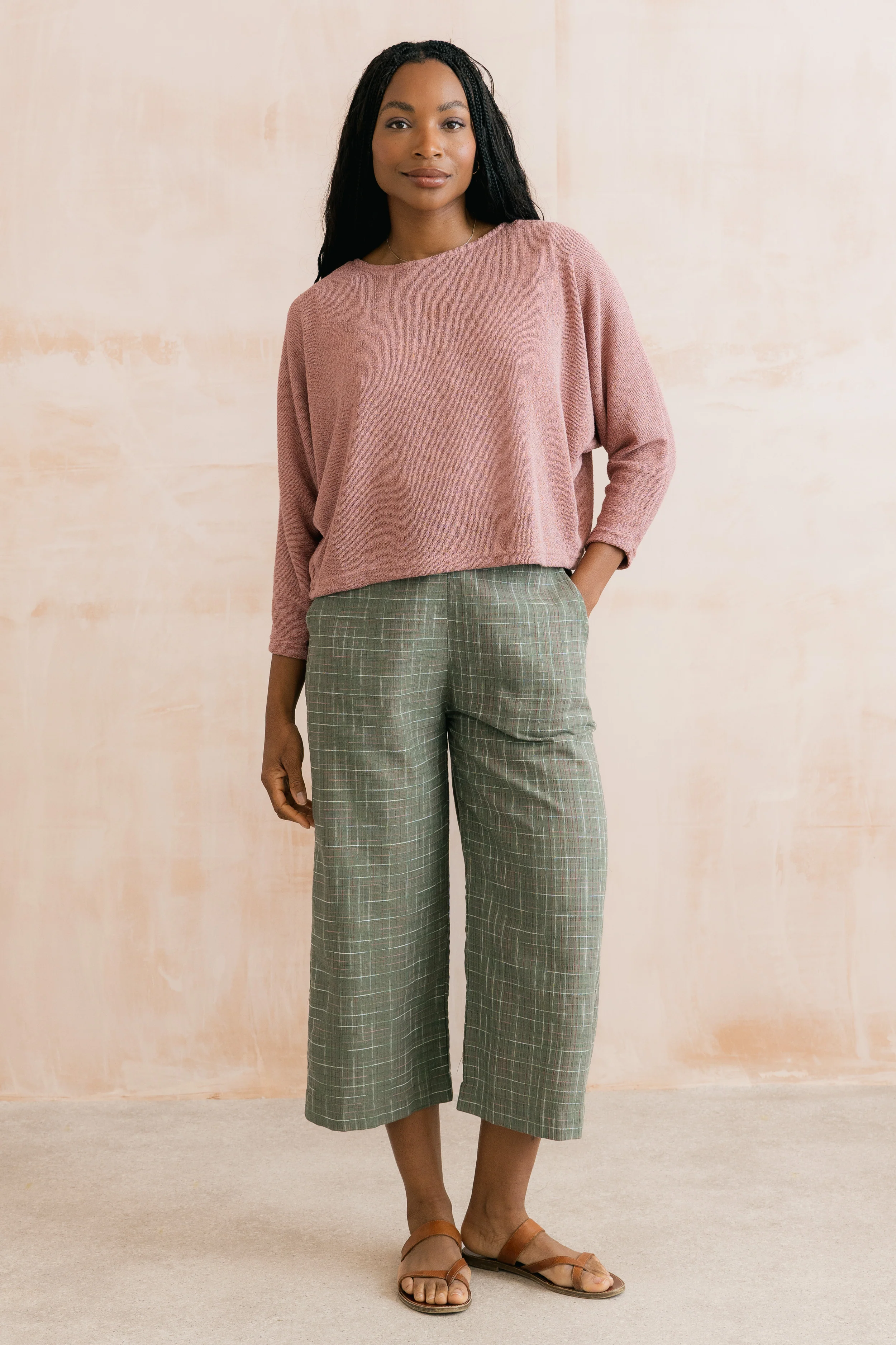 Greta Checked Cotton Cropped Trousers Green - Image 9