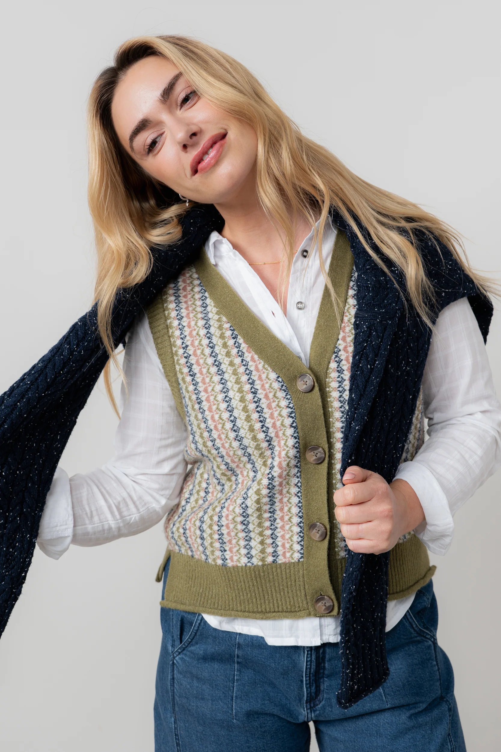 Gwyneth Fair Isle Sleeveless Cardigan Moss - Image 3